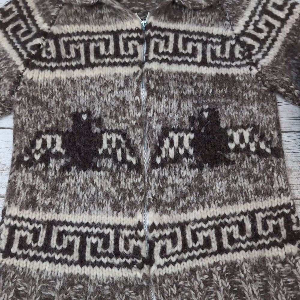 Other Cowichan-Style Wool Zip Sweater Brown Cream Moose Pattern – Size ONE SIZE - 2 Thumbnail