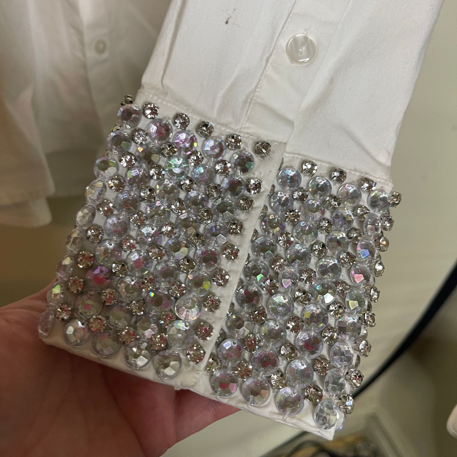 Retrofete Retrofete Katie Rhinestone Cuff Button Down Top White Silver Size M / US 6-8 / IT 42-44 - 9 Thumbnail