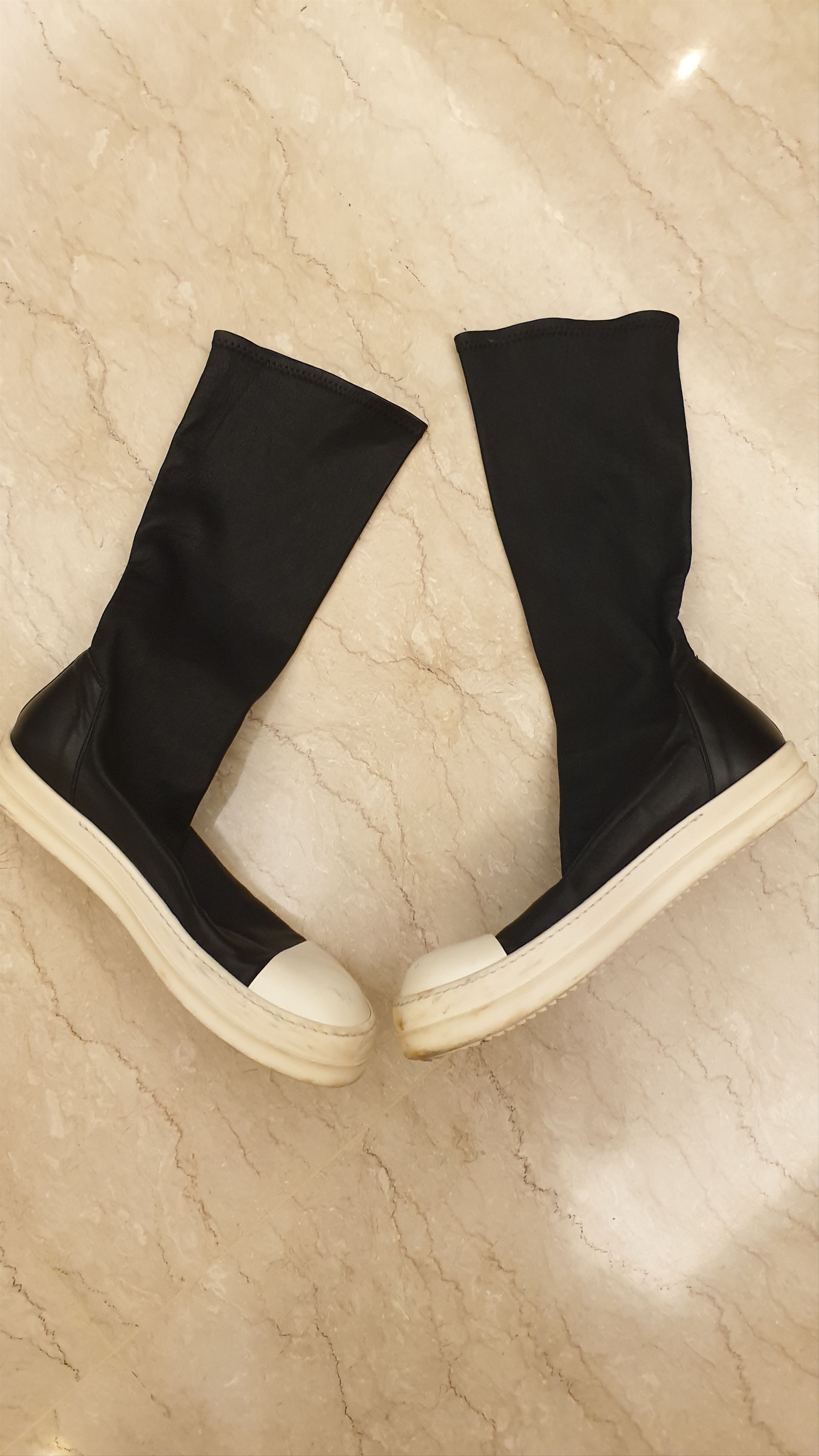 靴 rick owens sock mainline ss24 RICK OWENS LEATHER RAMONES SOCK SNEAKERS CALF HIGH (BLACK 41, 44