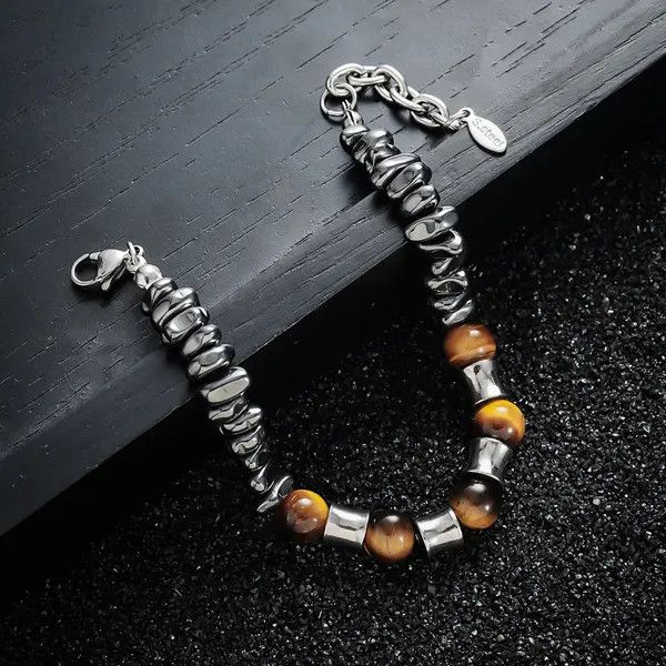 Jewelry Brown Tiger Eye Beaded Men's Bracelet, Silver Accent Size ONE SIZE - 4 Thumbnail