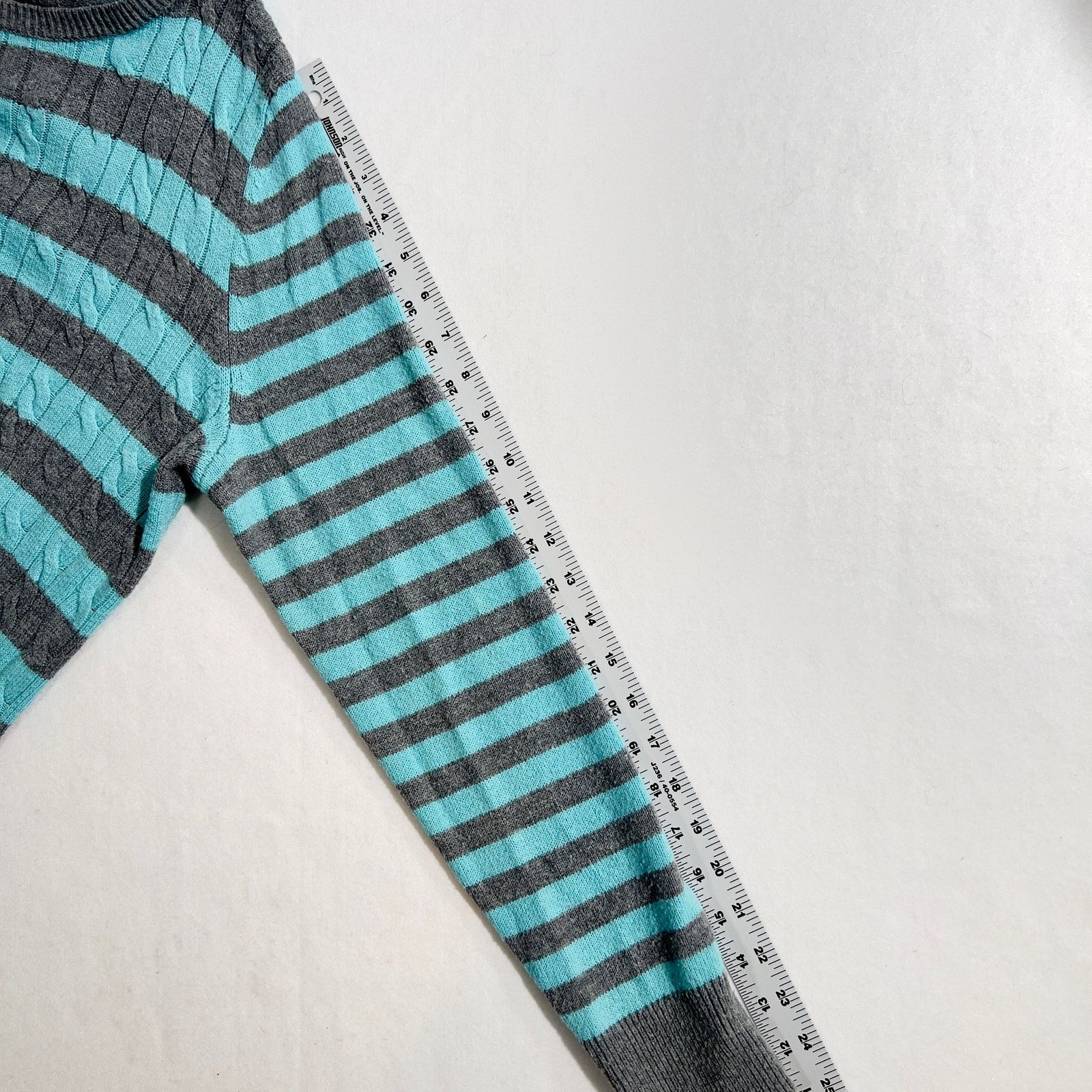 Robert Talbott Sweater Talbots Woman L 30% Lambswool Cable Teal Grey Stripe Size L / US 10 / IT 46 - 8 Thumbnail
