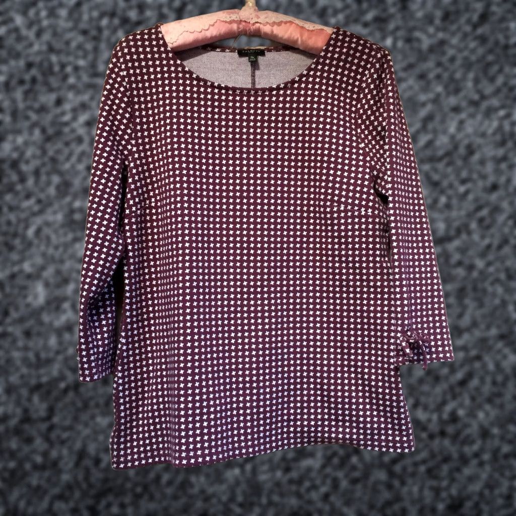 Talbots Talbots Women's Blouse Cross Knit Top 3/4 Sleeve Stretch PM Petite Maroon White Women’s Shirts Womens Size M / US 6-8 / IT 42-44 - 1 Thumbnail