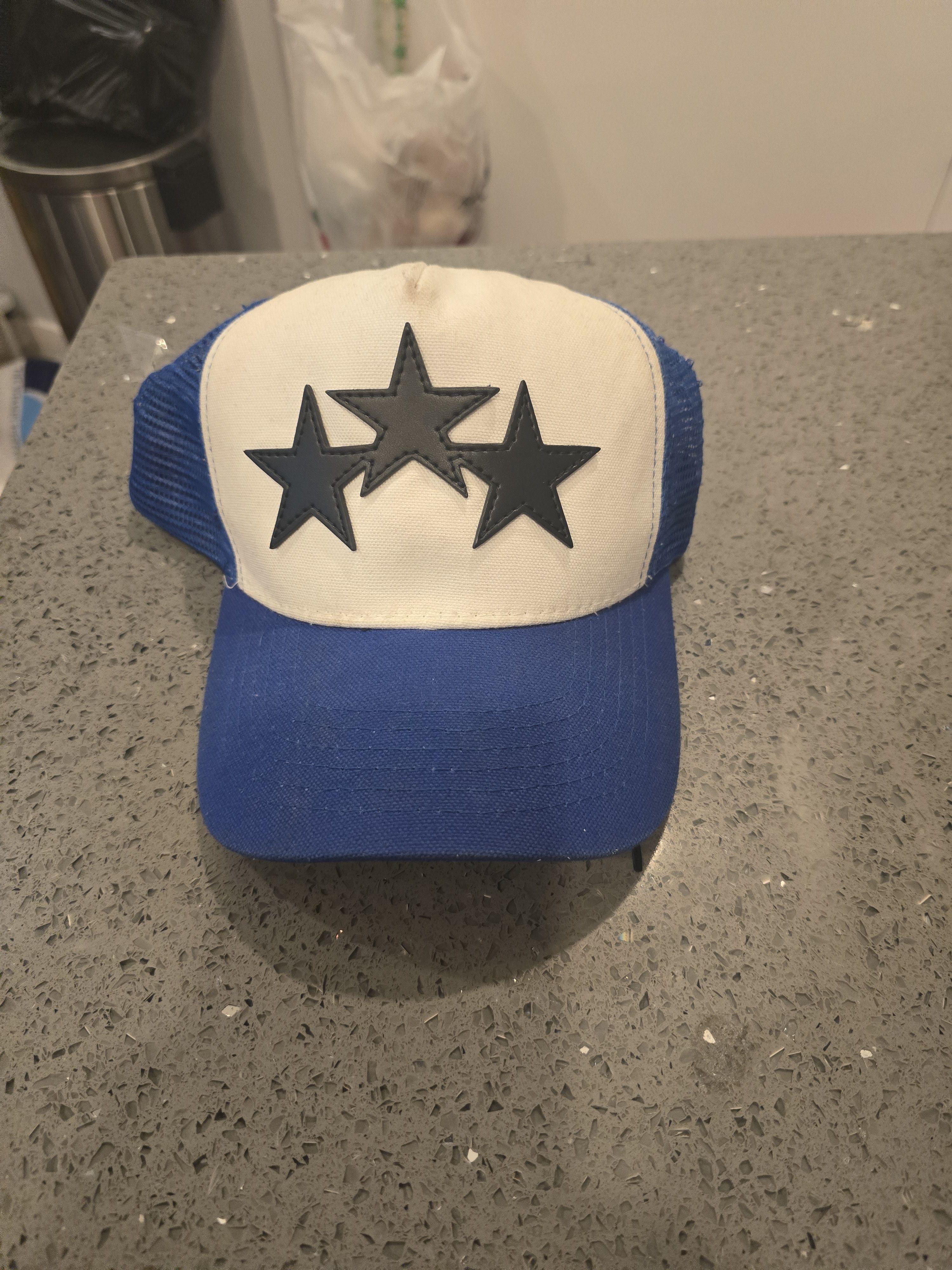 image of Amiri Three Star Trucker Snapback Cap in White/Blue, Men's