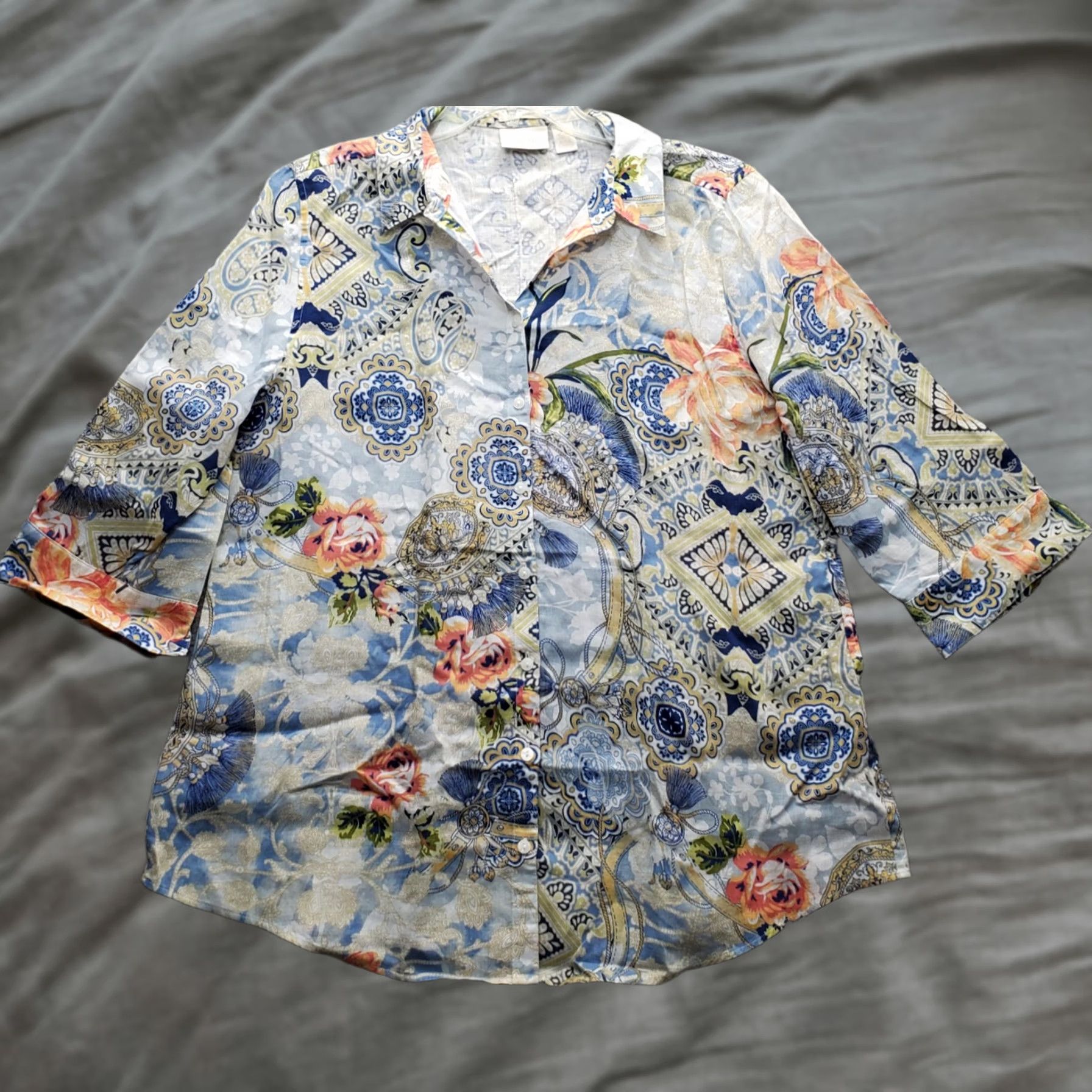 Vintage Chico's Tunic Shirt Womens Large Multi Floral Geometric Linen No Iron Button-Up Size L / US 10 / IT 46 - 1 Thumbnail