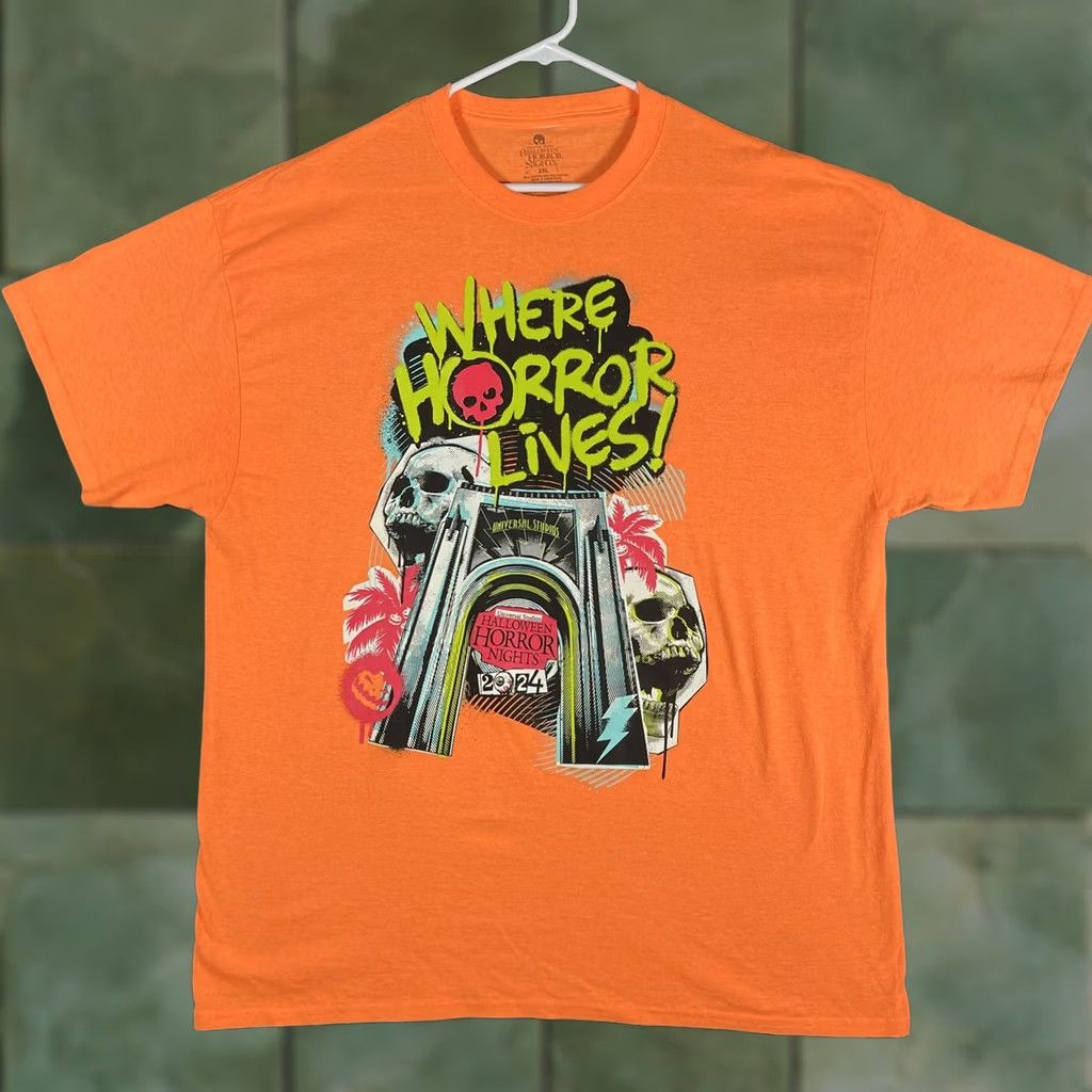 Vintage Universal Studios Shirt Mens 2XL Orange Halloween Horror Nights 2024 Graphic Tee Size US XXL / EU 58 / 5 - 1 Thumbnail