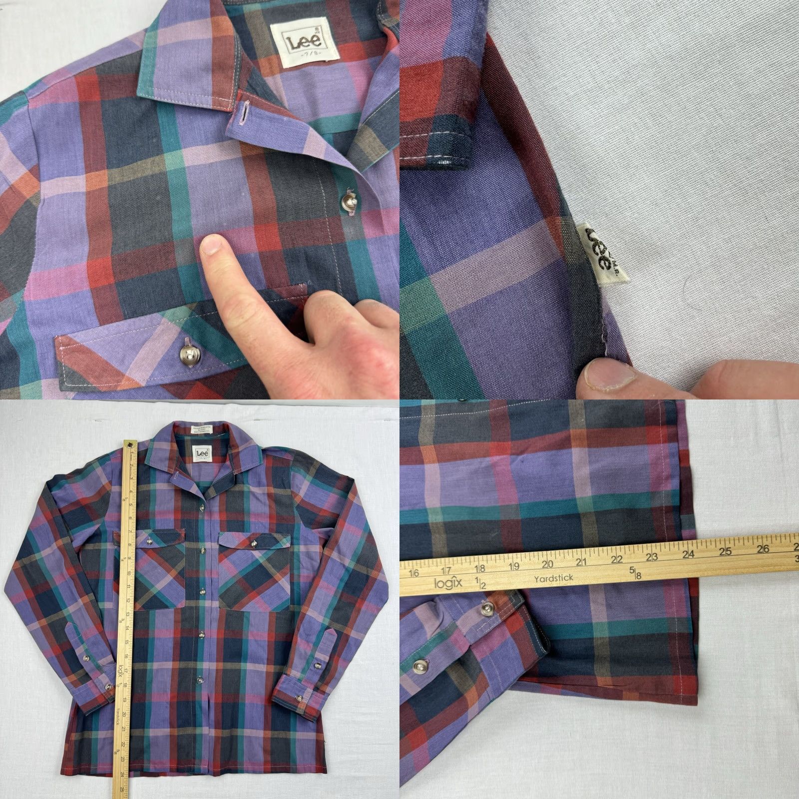 Lee VINTAGE Lee Button-Up Shirt Womens 7/8 Purple Plaid Long Sleeve 1980s 70s Classic Hipster Size M / US 6-8 / IT 42-44 - 8 Thumbnail