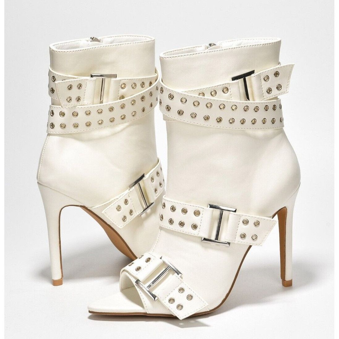 Other Slay Belt Strap Open Toe Ankle Boots Sexy Stiletto Heels Whi Size US 10 / IT 40 - 1 Thumbnail