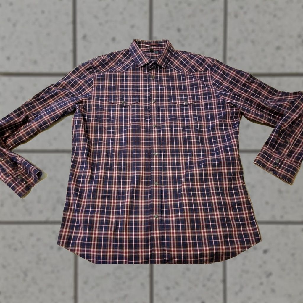 Banana Republic Banana Republic Shirt Mens XL Plaid Dress Slim Navy Button Cotton Size 46R - 1 Thumbnail