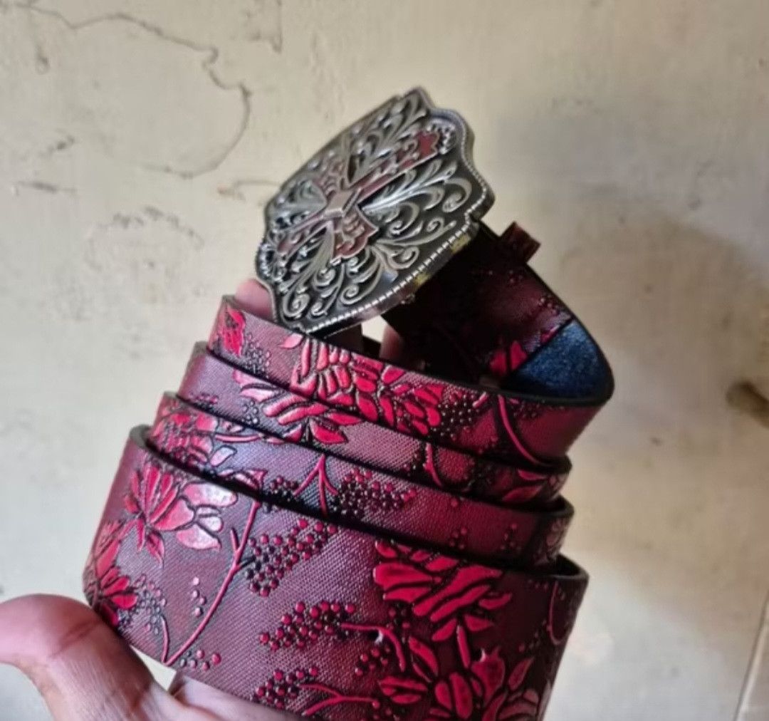 Japanese Brand 💥Cross burgendy flower art streetwear belt Size ONE SIZE - 3 Thumbnail