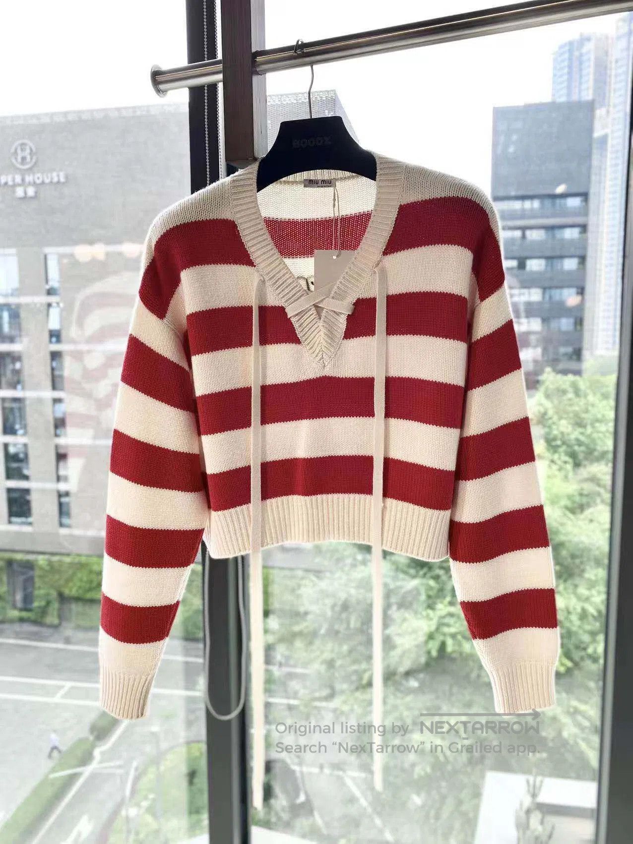 Miu Miu Miu Miu Short red and white striped V-neck lace-up cashmer Size XS / US 0-2 / IT 36-38 - 2 Thumbnail