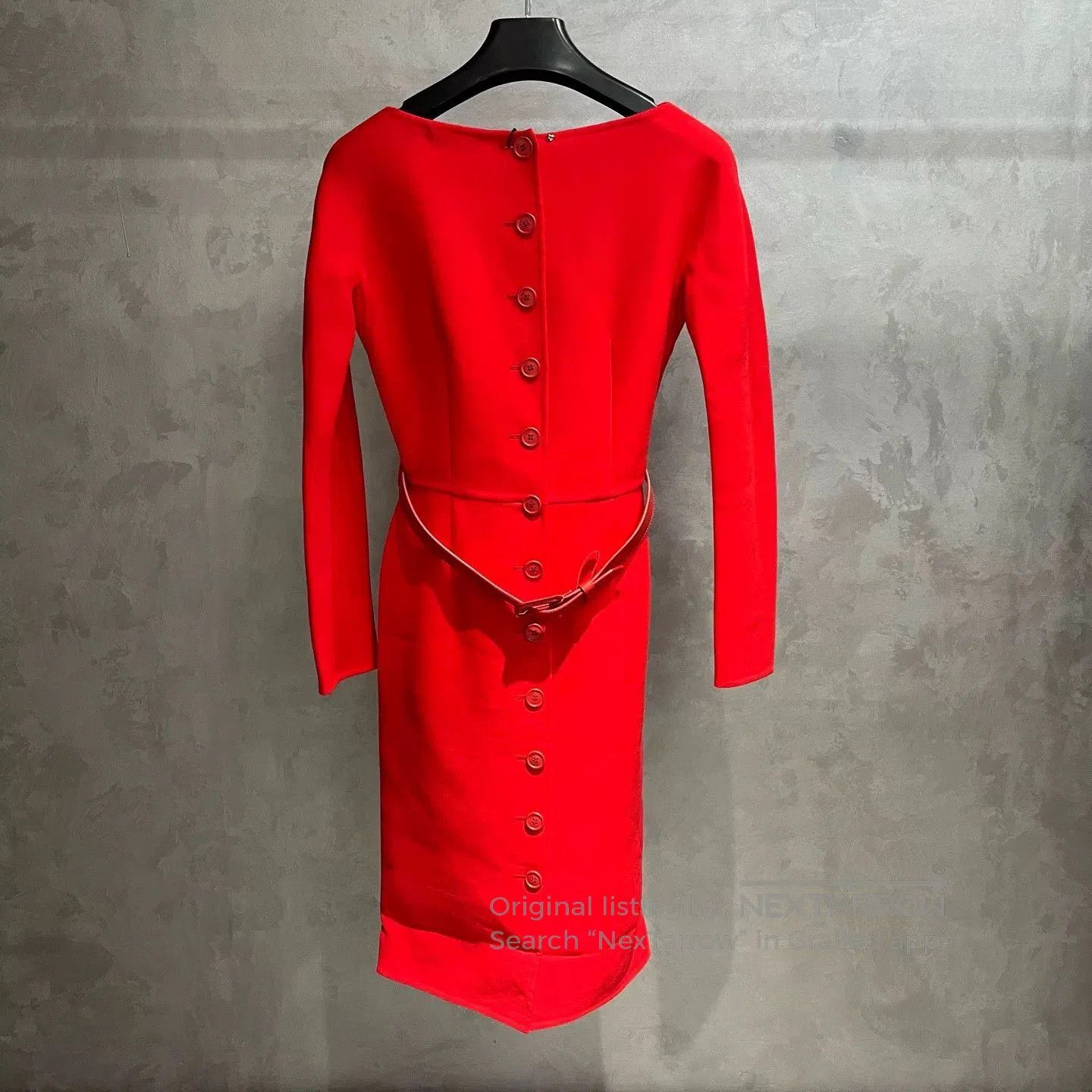 dior red long sleeve belted dress.