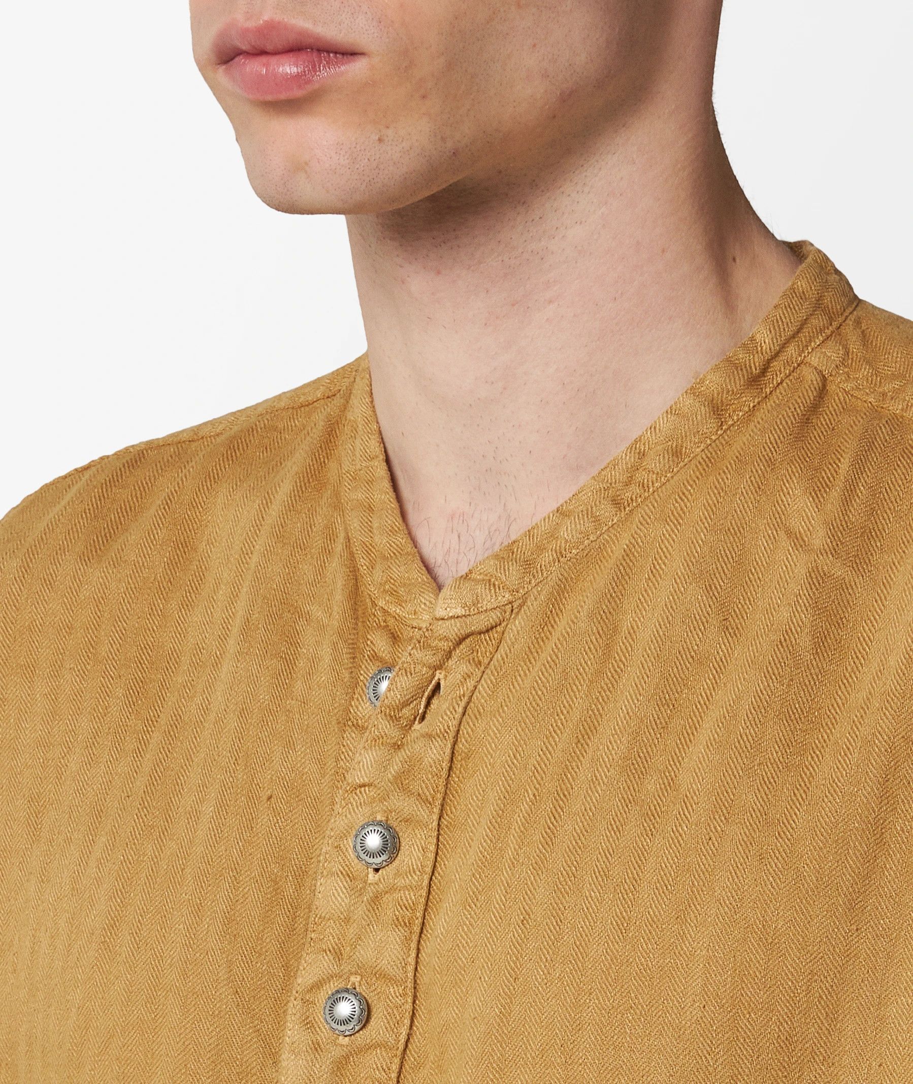 Kapital [2] Gauze Linen Herringbone Stand Penny Shirt in Gold (SS23) Size US M / EU 48-50 / 2 - 12 Thumbnail
