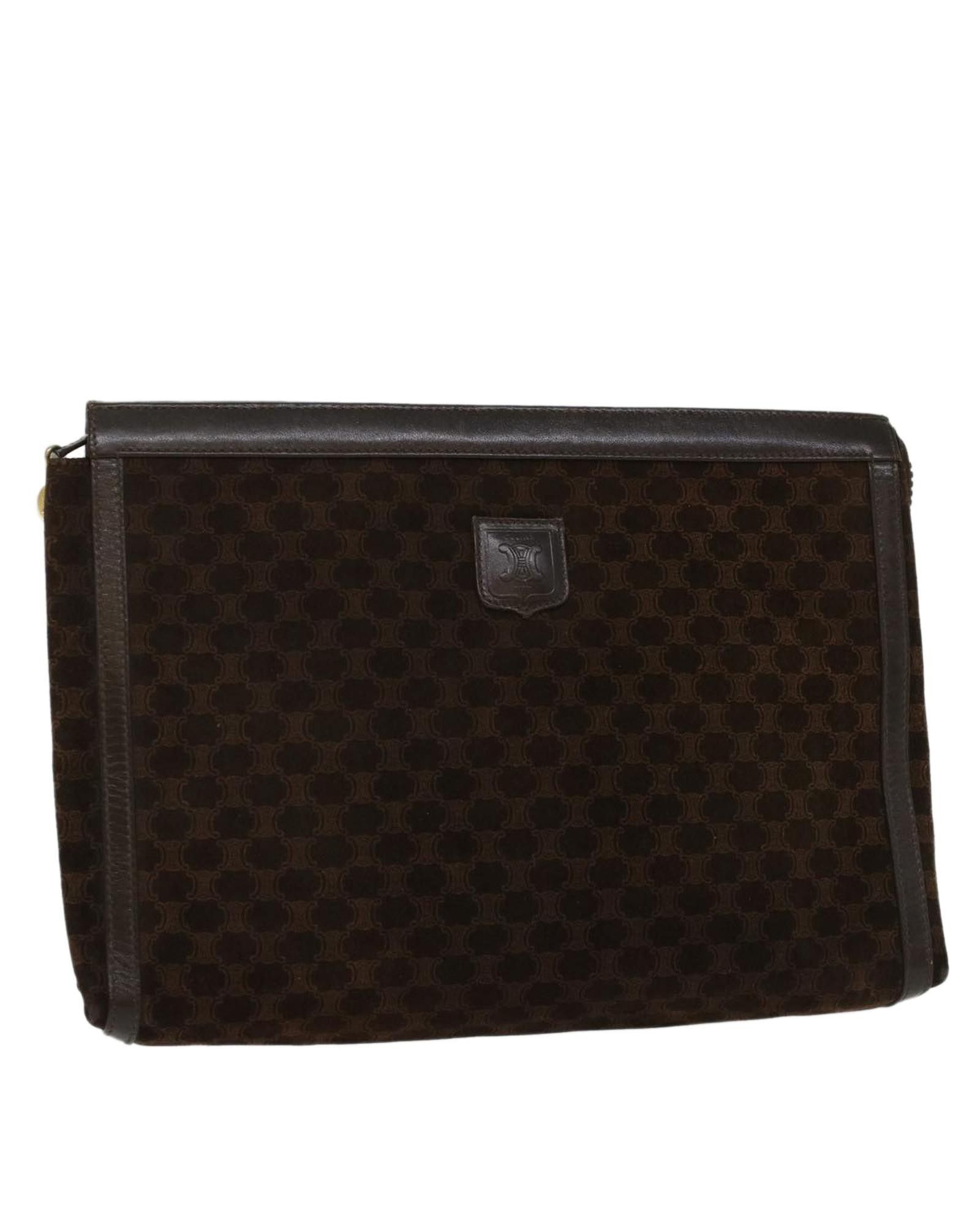 image of Celine Brown Leather Macadam Canvas Clutch Bag, Women's