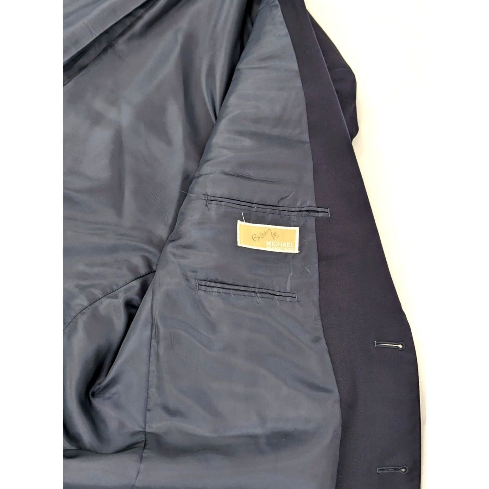 Michael Kors VINTAGE Michael Kors Navy Blue Solid Wool Blazer Mens 42 Long Jacket容量? Size 42R - 6 Thumbnail
