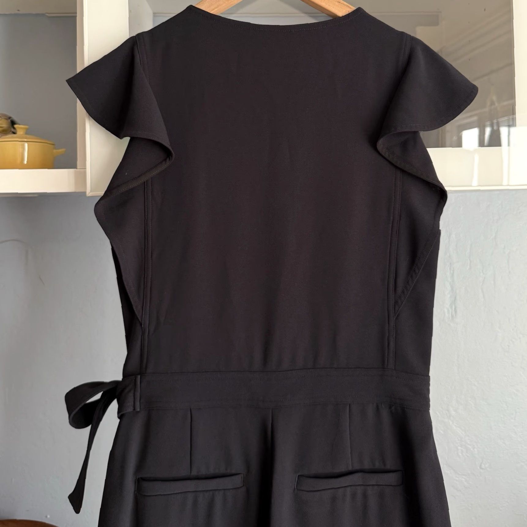 Vintage A.L.C. Wilder Jumpsuit Black Wrap Front Tie Waist Wide Leg Size 8 Ruffle Sleeves Party Cocktail Womens Size 30" / US 8 / IT 44 - 8 Thumbnail