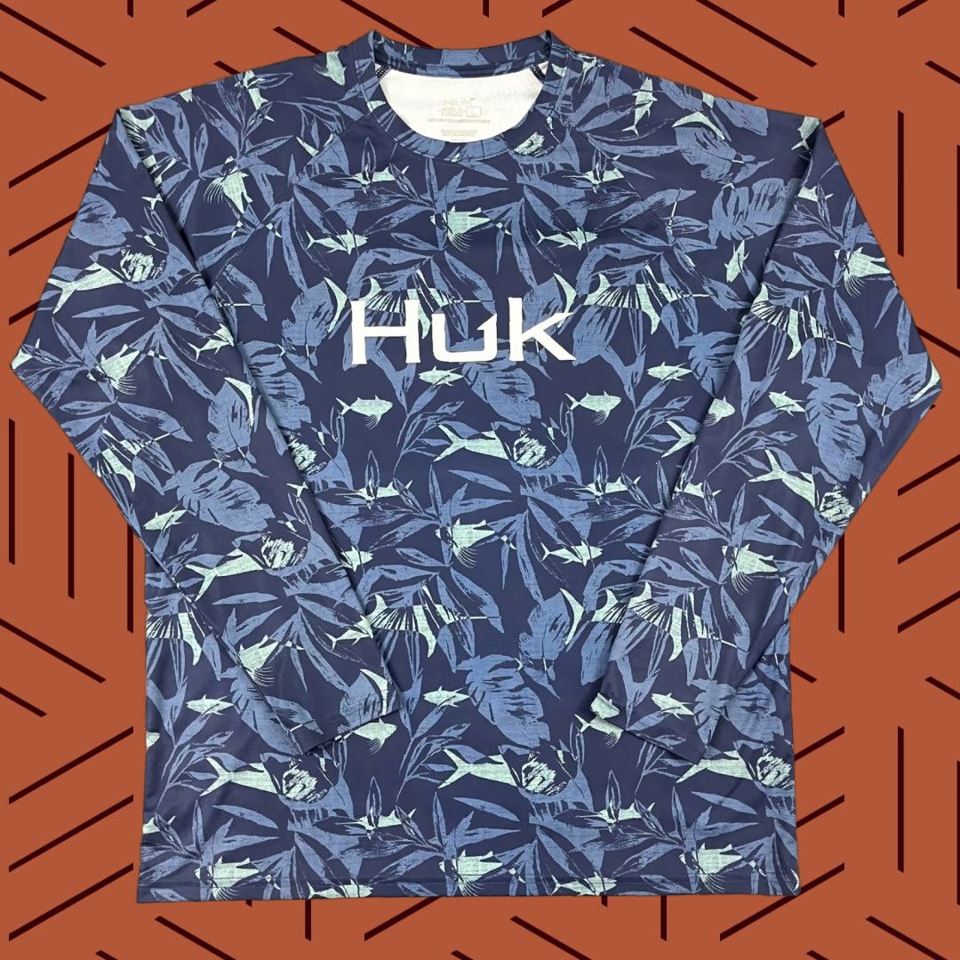 Vintage Huk Shirt Mens Large Blue Floral Fish Print Performance Fishing Long Sleeve Size US L / EU 52-54 / 3 - 1 Thumbnail
