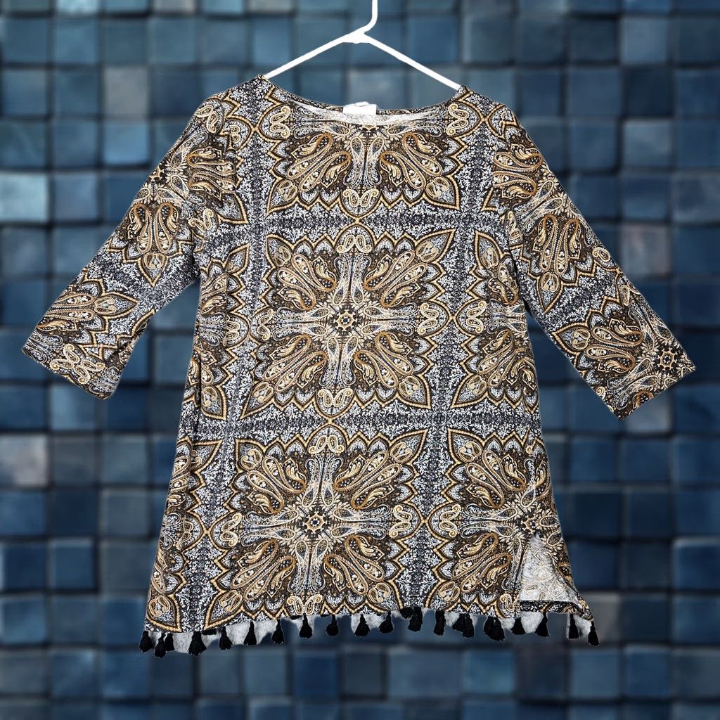 J. Jill J.JILL Paisley 3/4 Sleeve Boho Fringe Hem Tunic Top M Color Multicolor Paisley Shirt Womens Tunic Top 3/4 Sleeve Fringe Hem Size M / US 6-8 / IT 42-44 - 1 Thumbnail