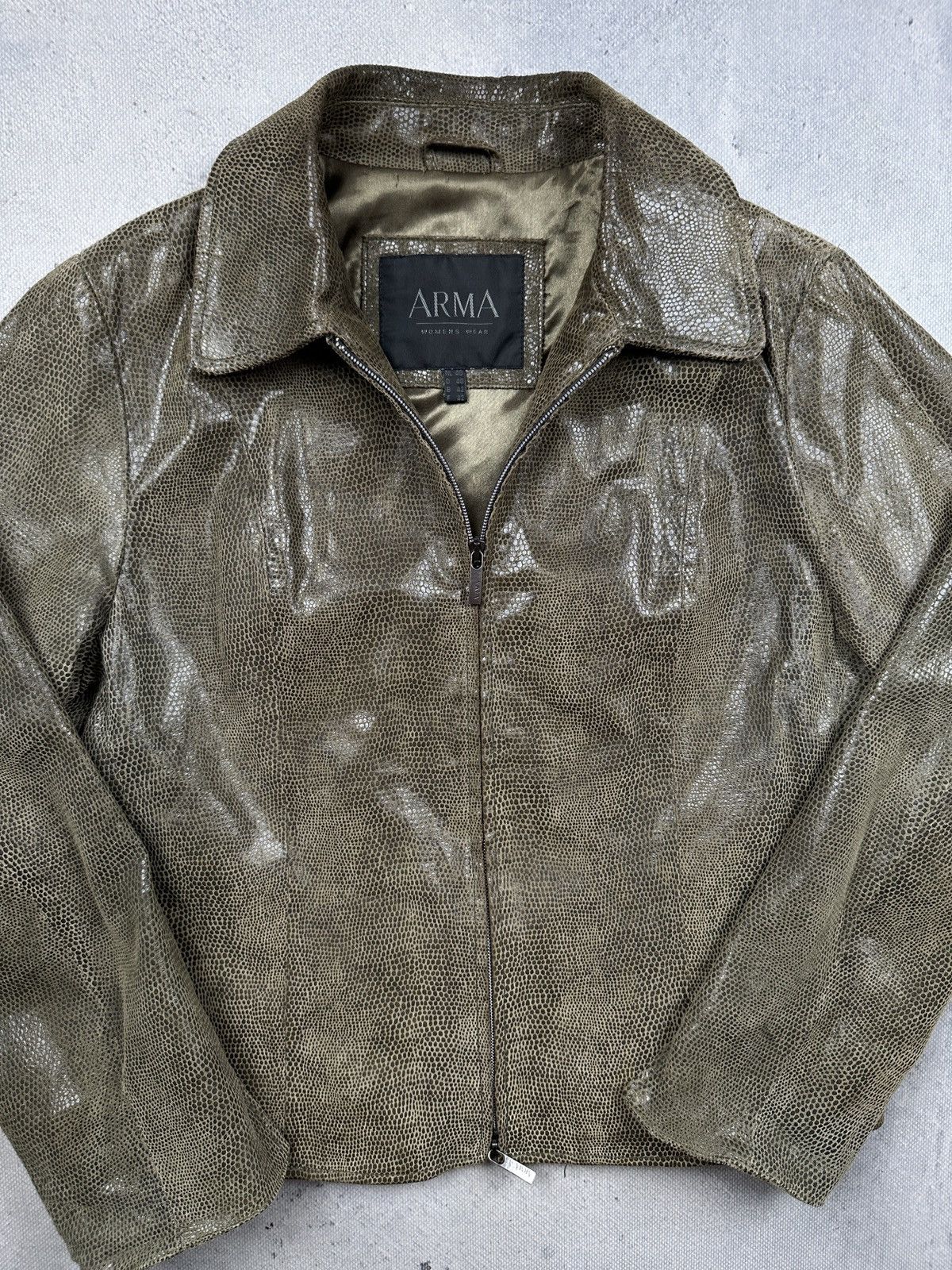 ARMA Arma Womens Croc Embossed Leather Jacket Olive Green Zip 90s Size M / US 6-8 / IT 42-44 - 5 Thumbnail