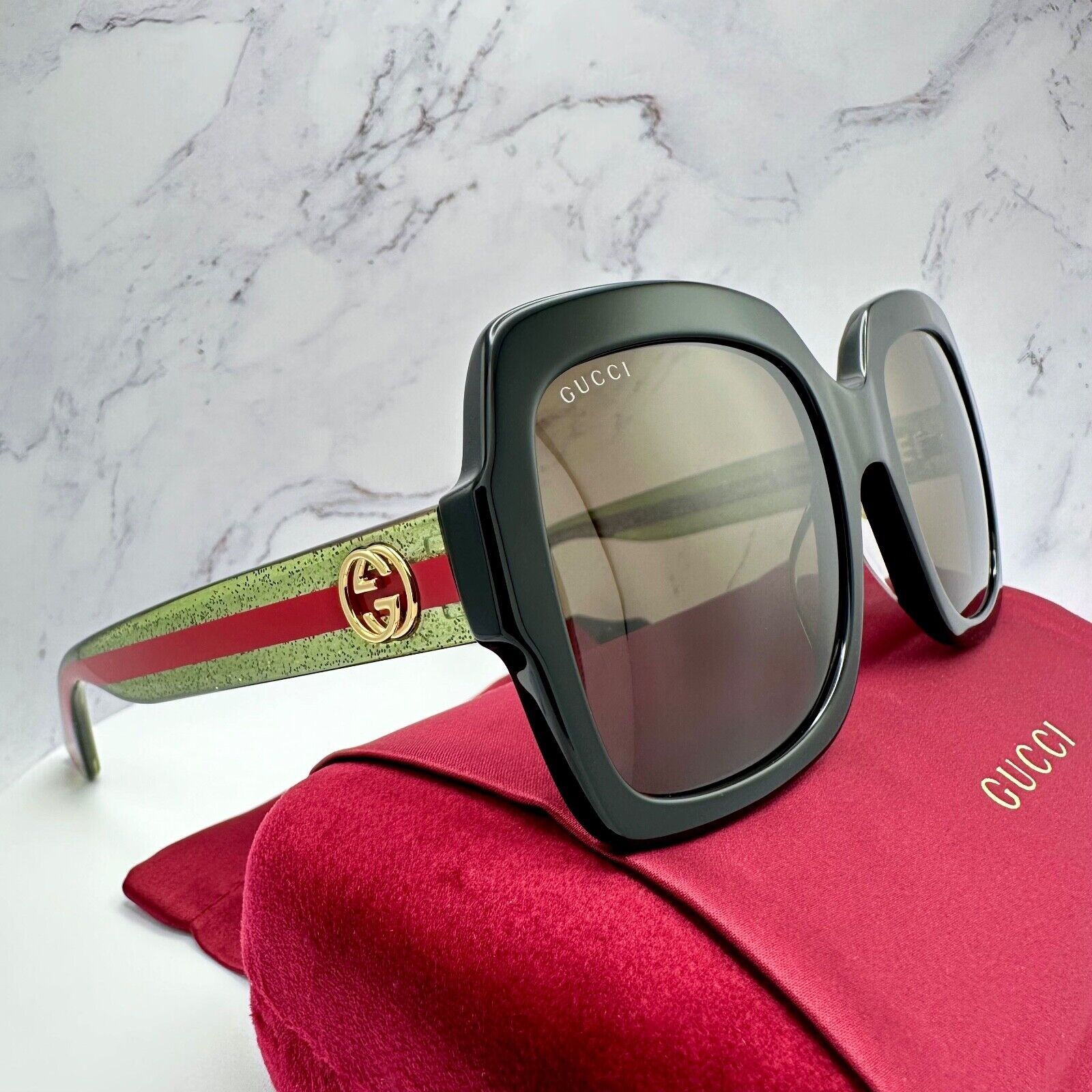 Gucci New Gucci Sunglasses Black Square Red Green Web Arms Gold Size ONE SIZE - 18 Thumbnail