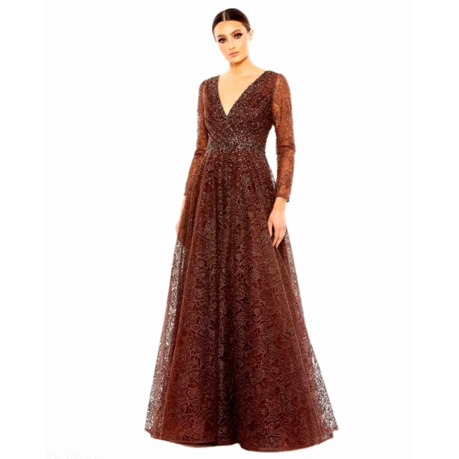 Other Mac Duggal Embellished Illusion V-Neck Gown Chocolate 12 Size XL / US 12-14 / IT 48-50 - 2 Thumbnail