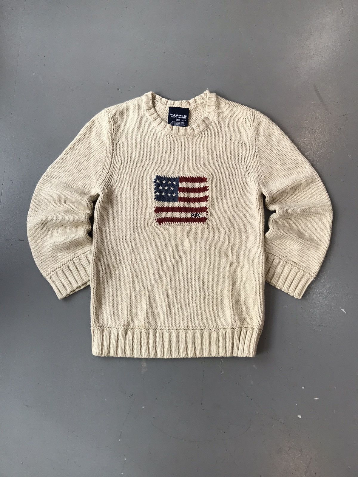 Vintage Ralph 2024 Lauren Polo Jeans Knit Beige Flag Pullover Sweater