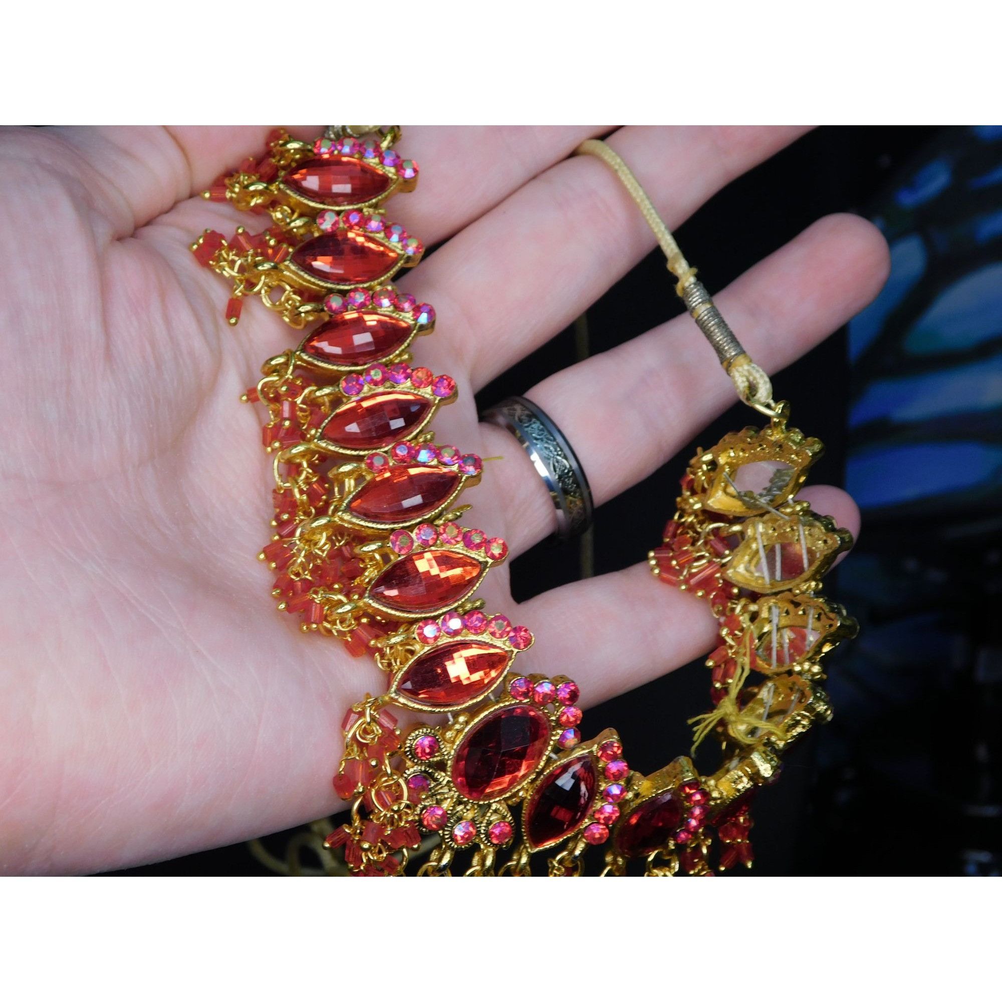 Other Indian Bridal Necklace Red Gem On Gold Tone Metal And Cord Size ONE SIZE - 4 Thumbnail