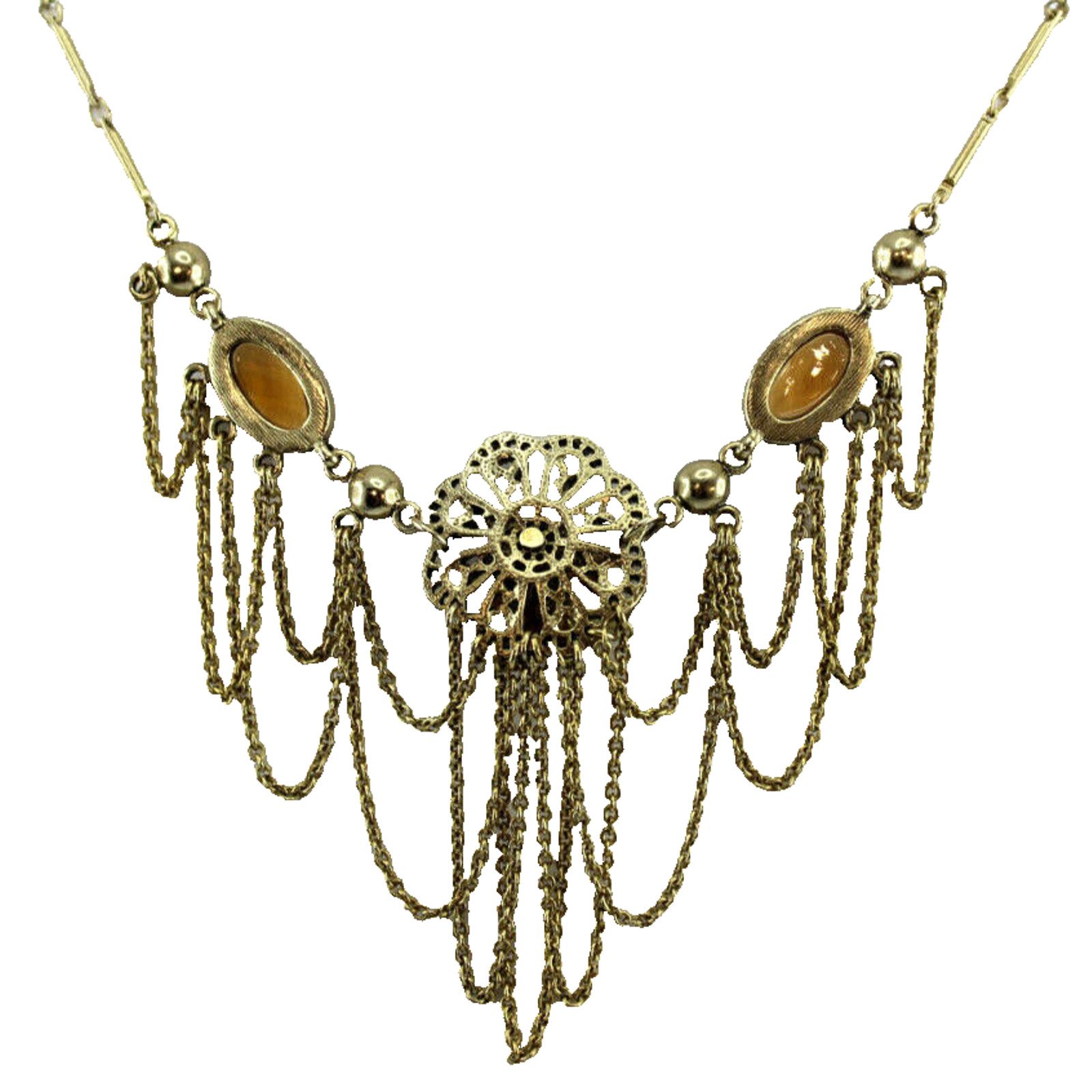Other Victorian Style Necklace Amber Tones Beads Goldtone Chains Size ONE SIZE - 2 Thumbnail