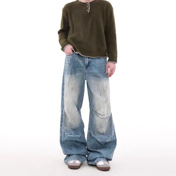 Japanese Brand VIBE Washed and frayed loose fit straight leg jeans Size US 34 / EU 50 - 3 Thumbnail