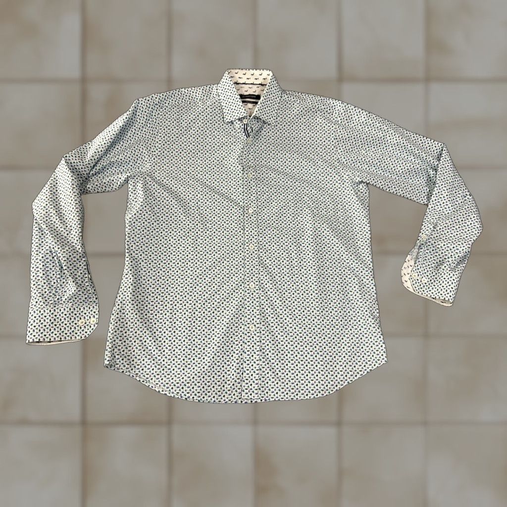BUGATCHI Bugatchi Shirt Mens Large White Blue Dot Classic Fit Long Sleeve Cotton Size US L / EU 52-54 / 3 - 1 Thumbnail