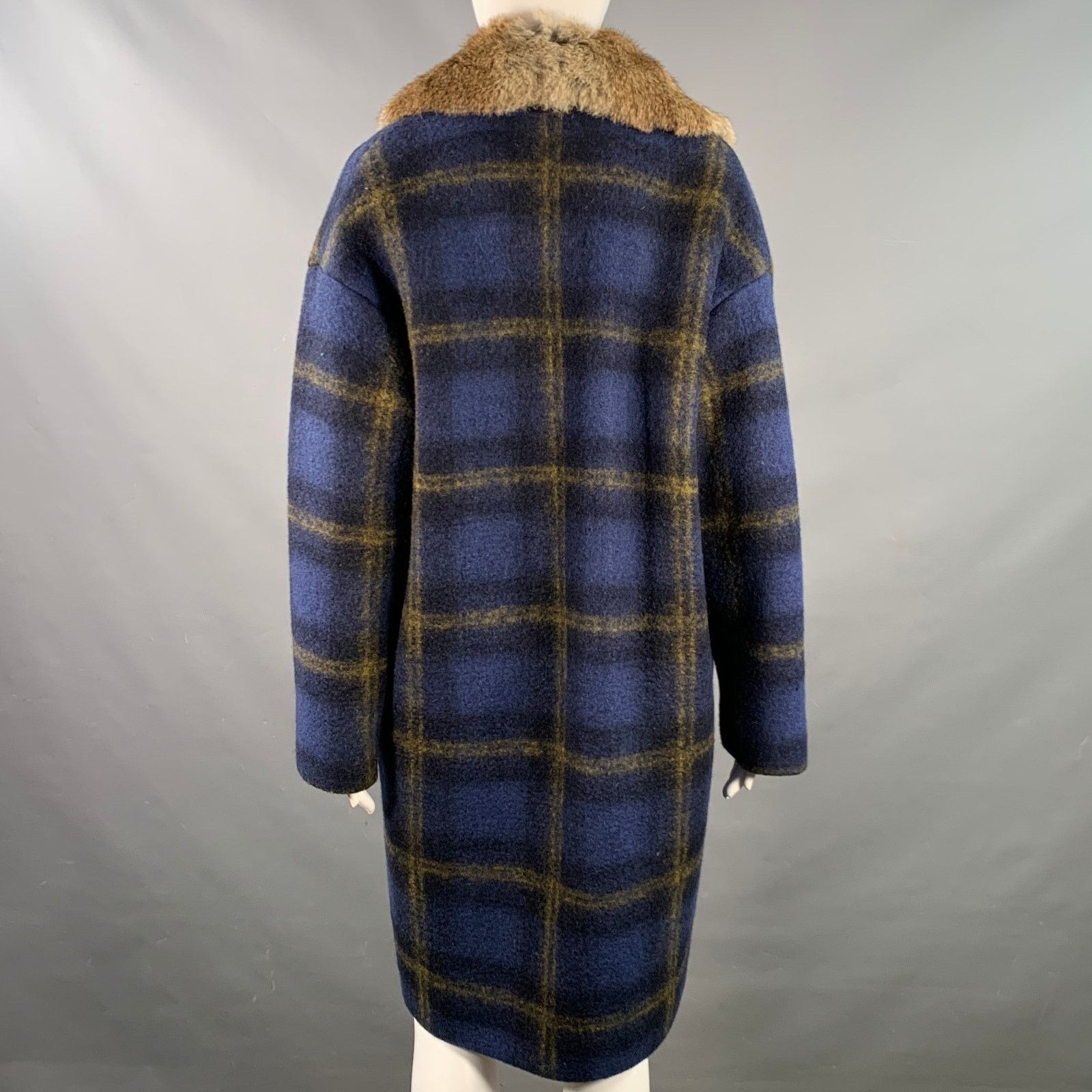 Band Of Outsiders Size S Blue Tan Wool Blend Plaid Rabbit Fur Collar Coat Size S / US 4 / IT 40 - 5 Thumbnail