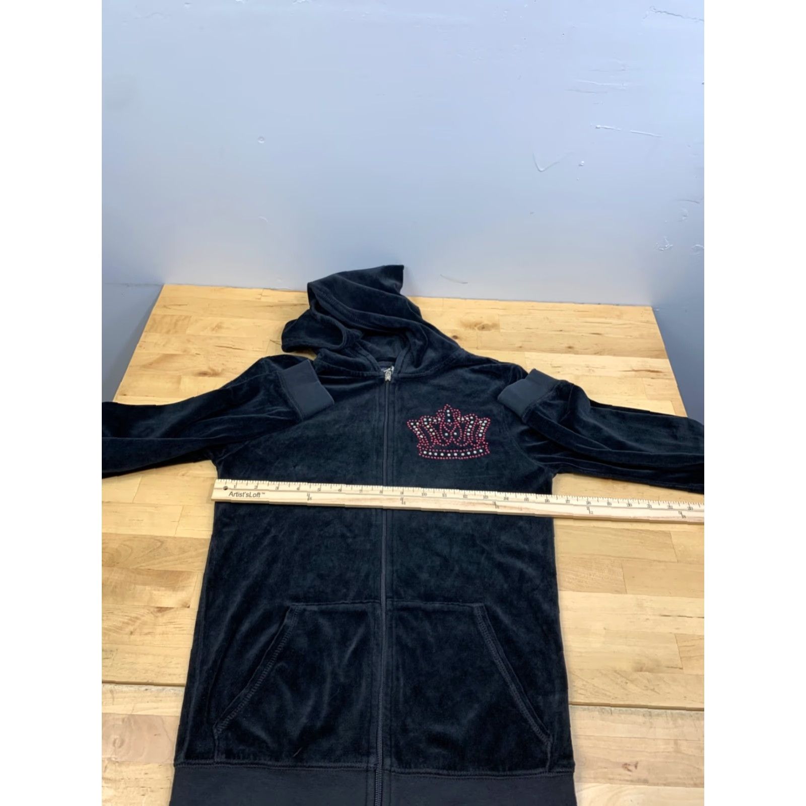 Velour VINTAGE Tankh Velour Jacket Womens M Black Rhinestones Y2K Hooded Zip Size M / US 6-8 / IT 42-44 - 5 Thumbnail