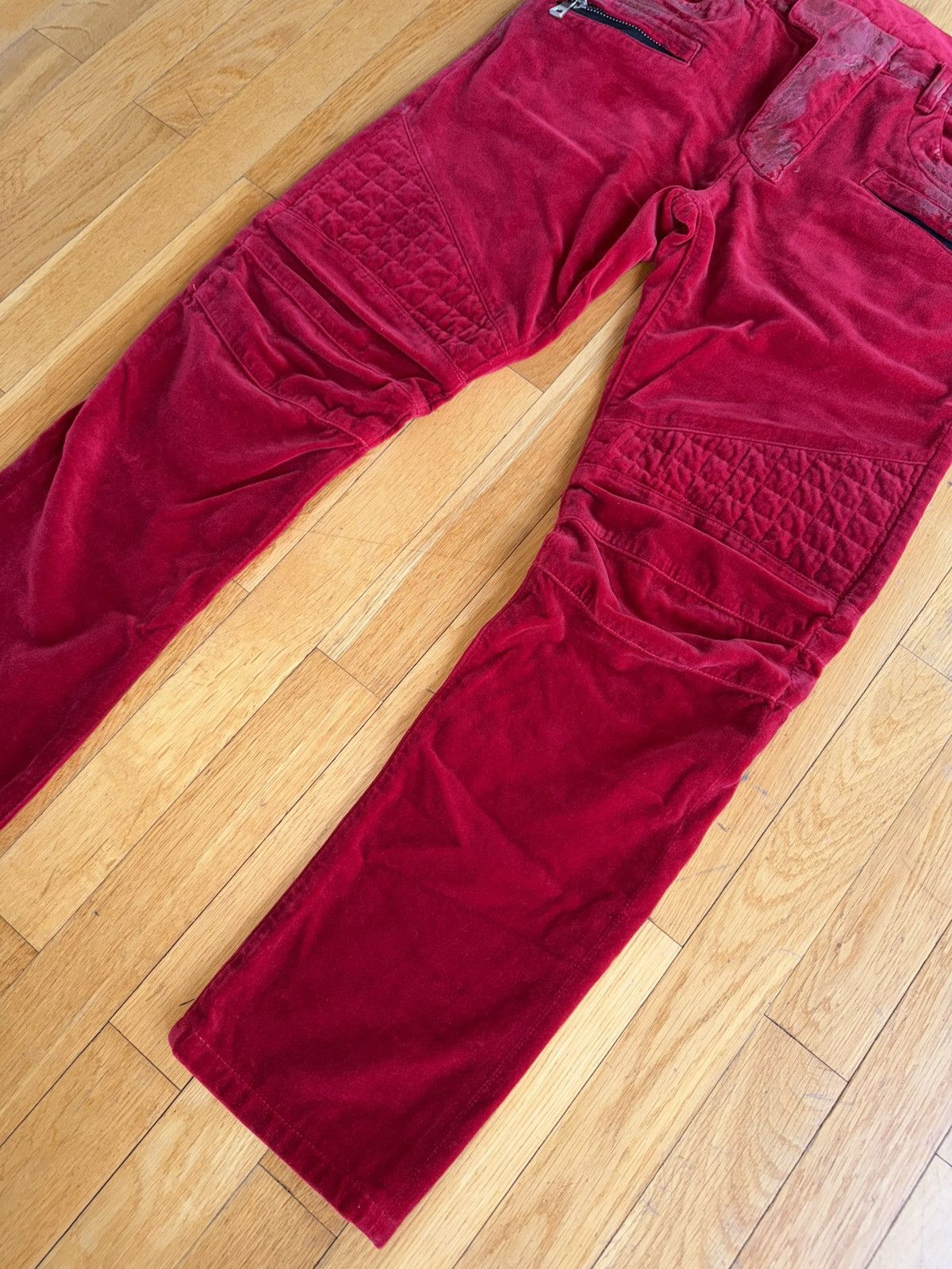 Balmain Balmain AW12 Decarnin Red Gridded Waxed Velours Biker Jeans Size US 30 / EU 46 - 3 Thumbnail
