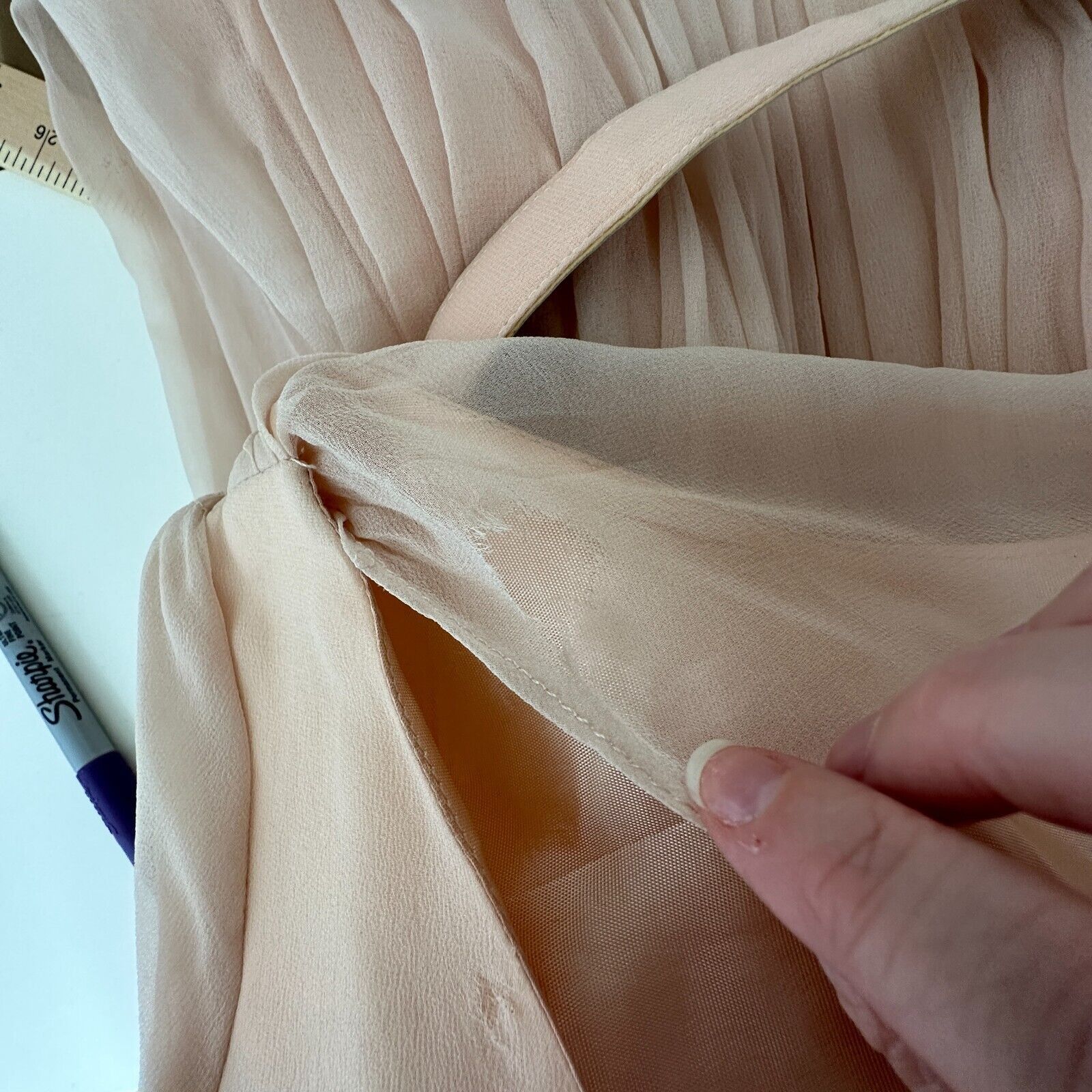 Vintage Vintage Sz 15 Peach Chiffon Pleated Belted Dress Drape Neck Size L / US 10 / IT 46 - 12 Thumbnail