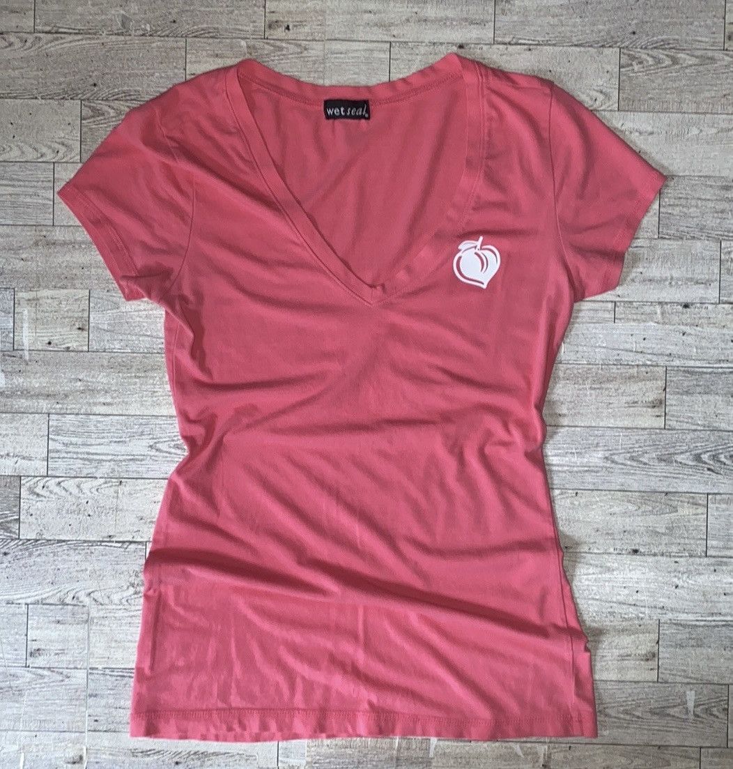 Vintage Retro, Wet Seal, Peach Coral V Neck, Semi Sheer Fitted Tee Size S / US 4 / IT 40 - 10 Thumbnail