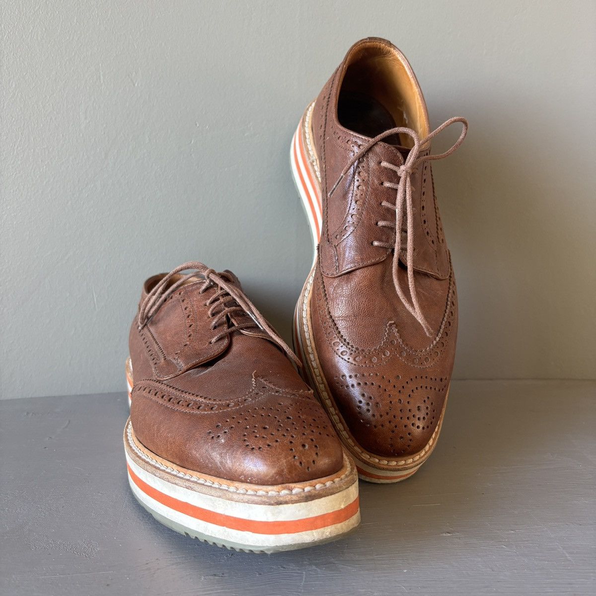 Prada Prada 2EG 015 Brown Leather Espadrille Wingtips Size US 6.5 / EU 39-40 - 1 Thumbnail