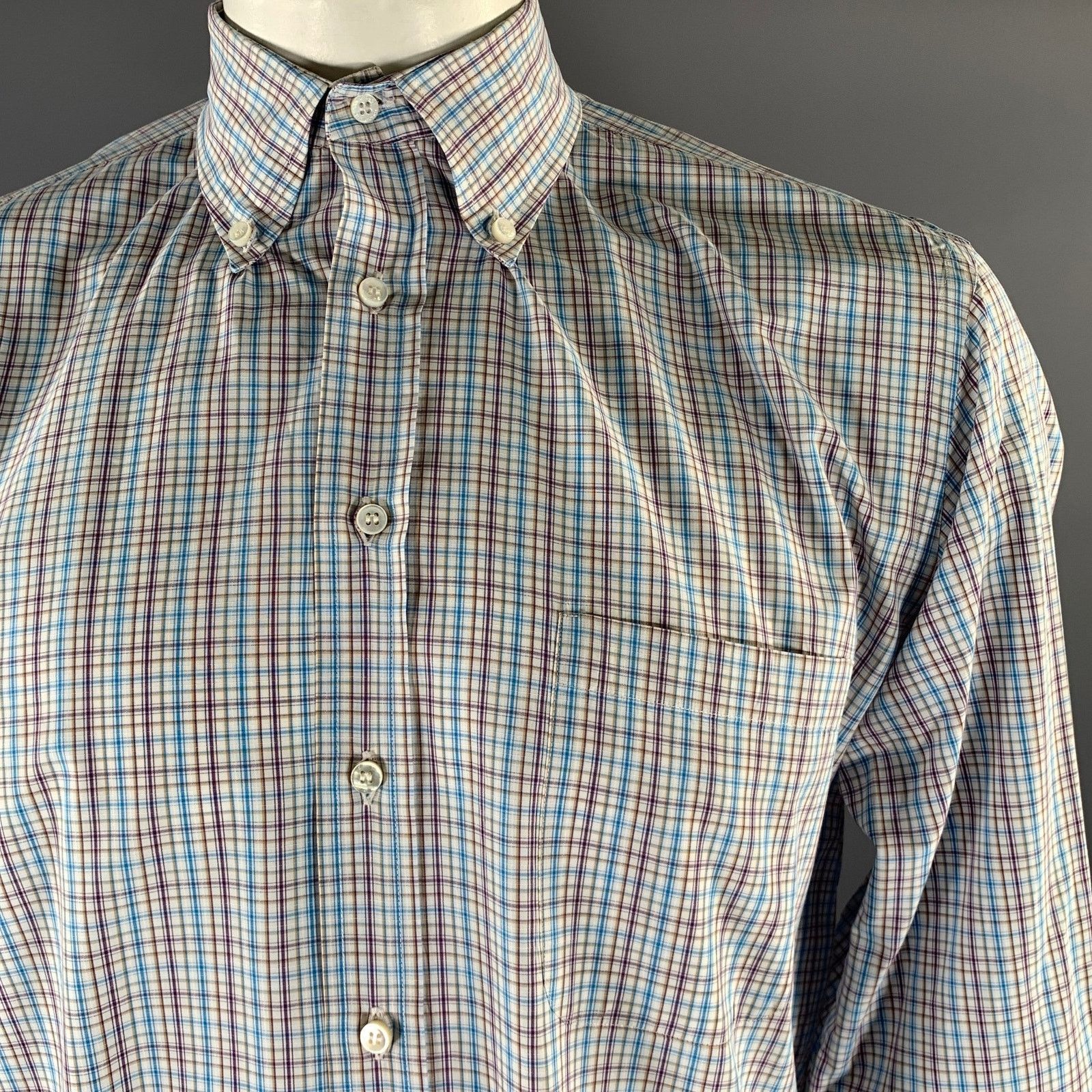 Loro Piana LORO PIANA White Purple Blue Plaid Cotton Long Sleeve Shirt Size US XL / EU 56 / 4 - 2 Thumbnail