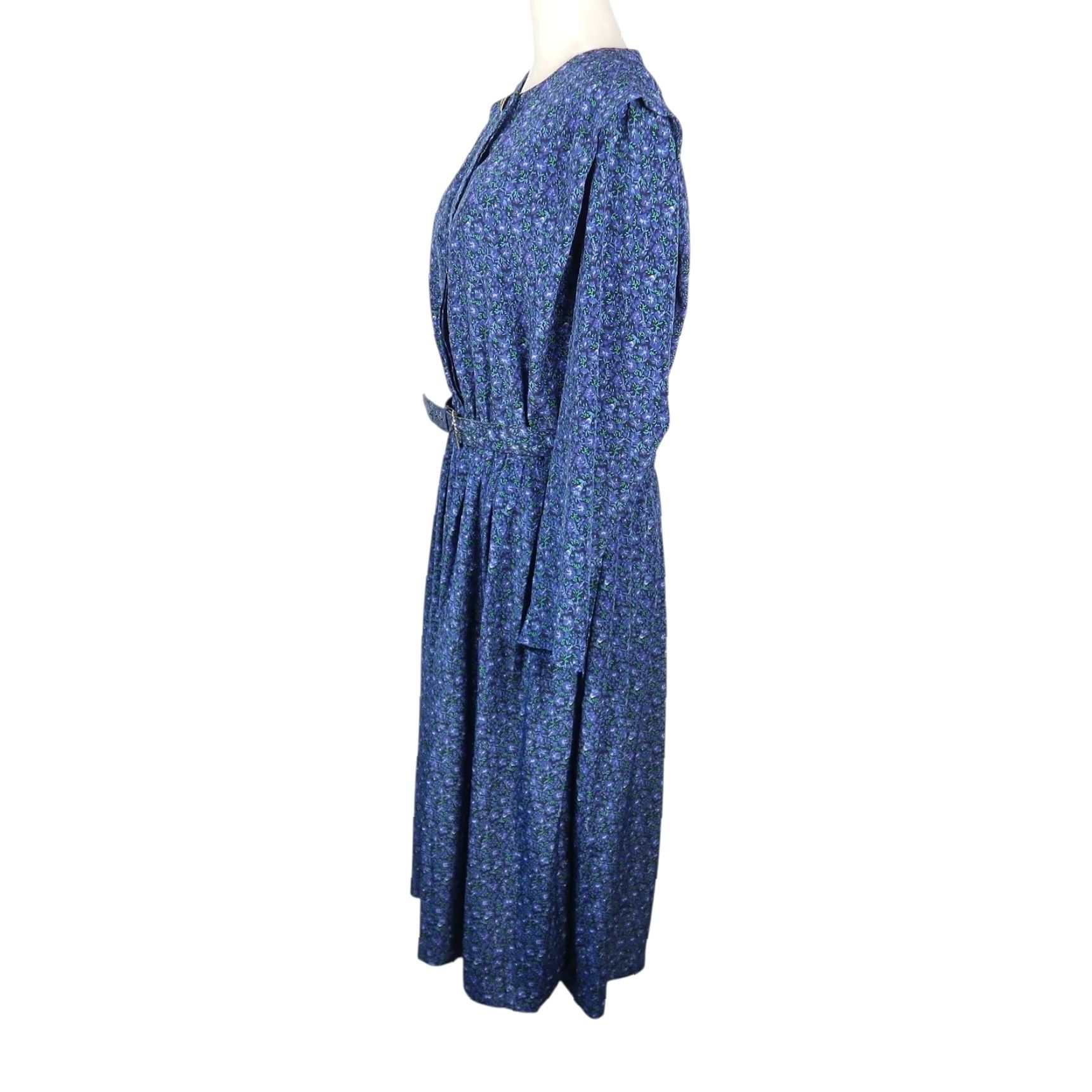 Vintage VINTAGE Leslie Fay Blue Floral Belted Blouson Midi Dress L 80s 90s Women Long Sleeve Office Workwear Casual Pattern Floral Hatchedbudget Size L / US 10 / IT 46 - 3 Thumbnail