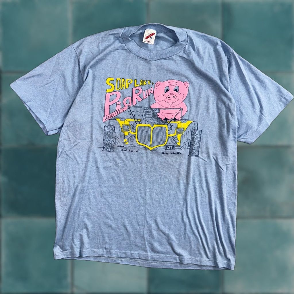 Jerzees VINTAGE Jerzees T-Shirt 80s Pig Run and Feed Blue XL Men Short Sleeve Crew Neck Graphic Print Size US XL / EU 56 / 4 - 1 Thumbnail