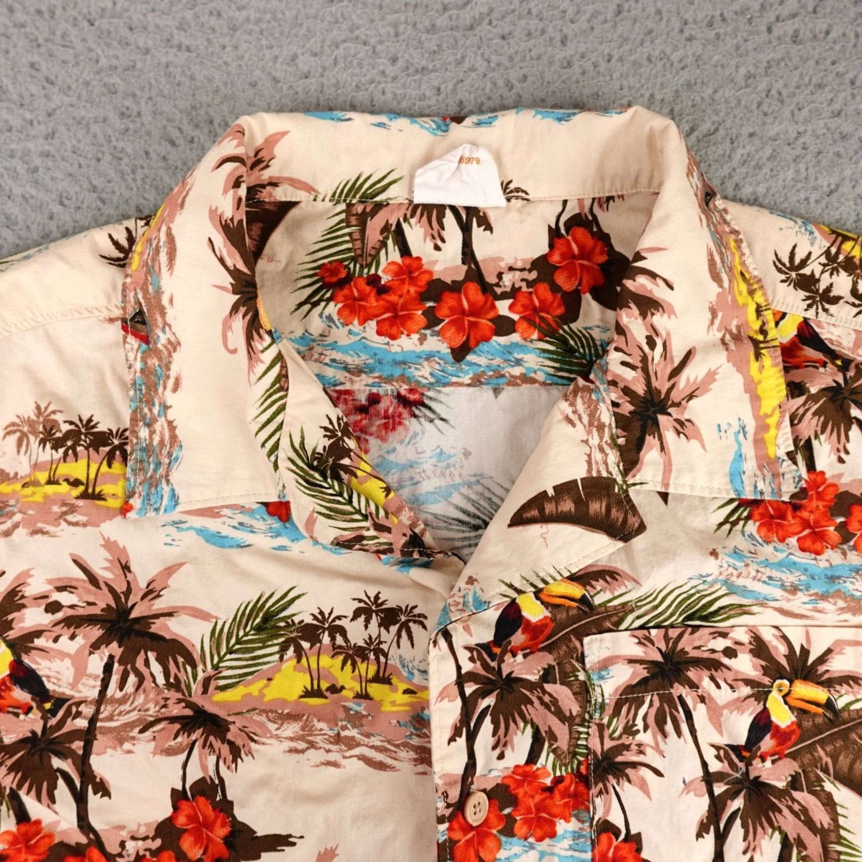 Paradise Barefoot In Paradise Men's Shirt M Brown Floral Bird Print Tropical Button-Up Short Sleeve Casual Size US M / EU 48-50 / 2 - 4 Thumbnail