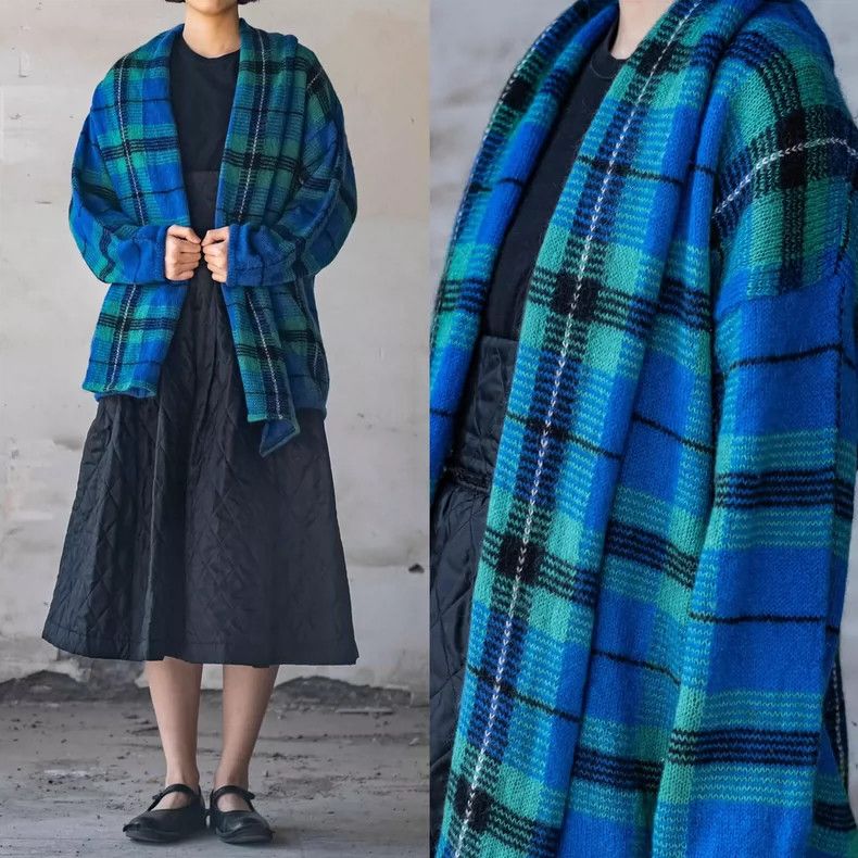 Kenzo KENZO Blue and green checkered horsehair scarf collar coat Size M / US 6-8 / IT 42-44 - 3 Thumbnail