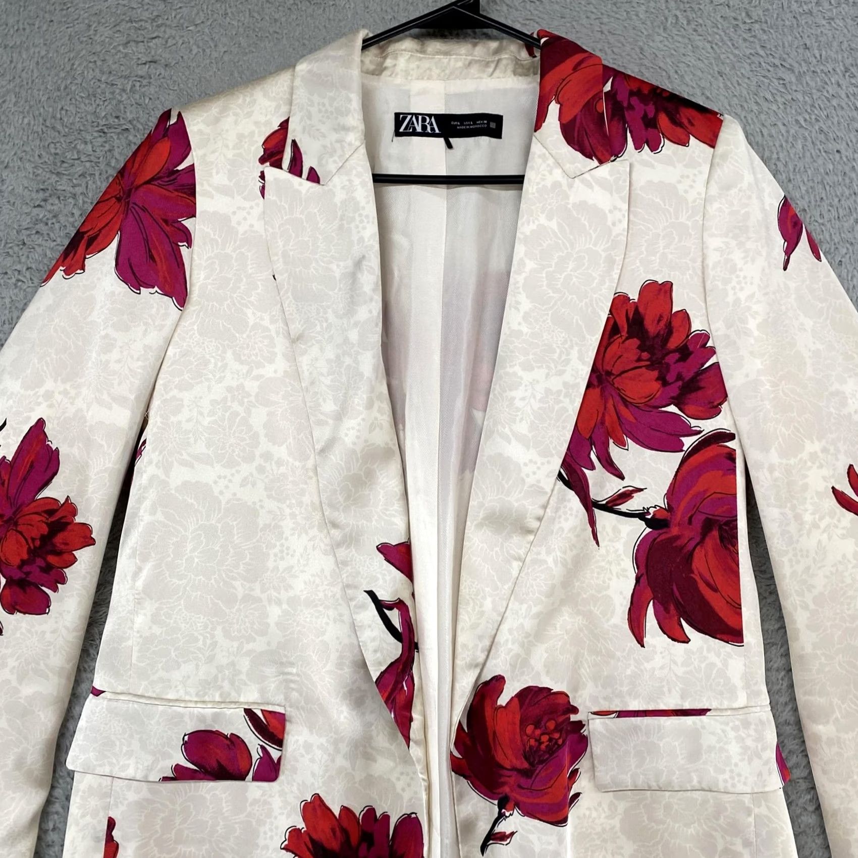 Zara Zara Floral Print Satin Effect Blazer Womens Large Cream Pink Open Front Jacket Size L / US 10 / IT 46 - 3 Thumbnail