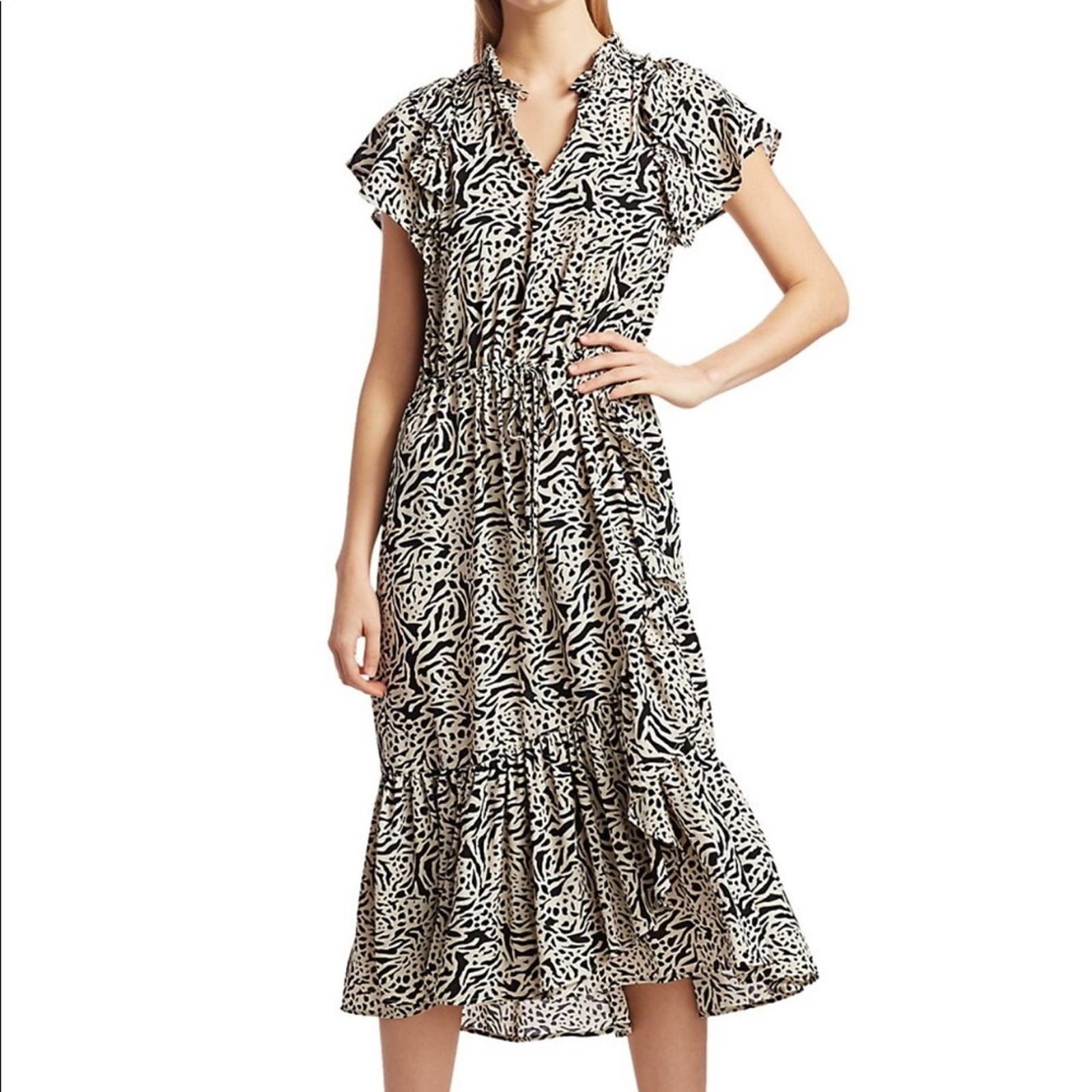 image of Munthe Ernie Flounce Midi Dress In Sand Sz42 in Black, Women's (Size Medium)