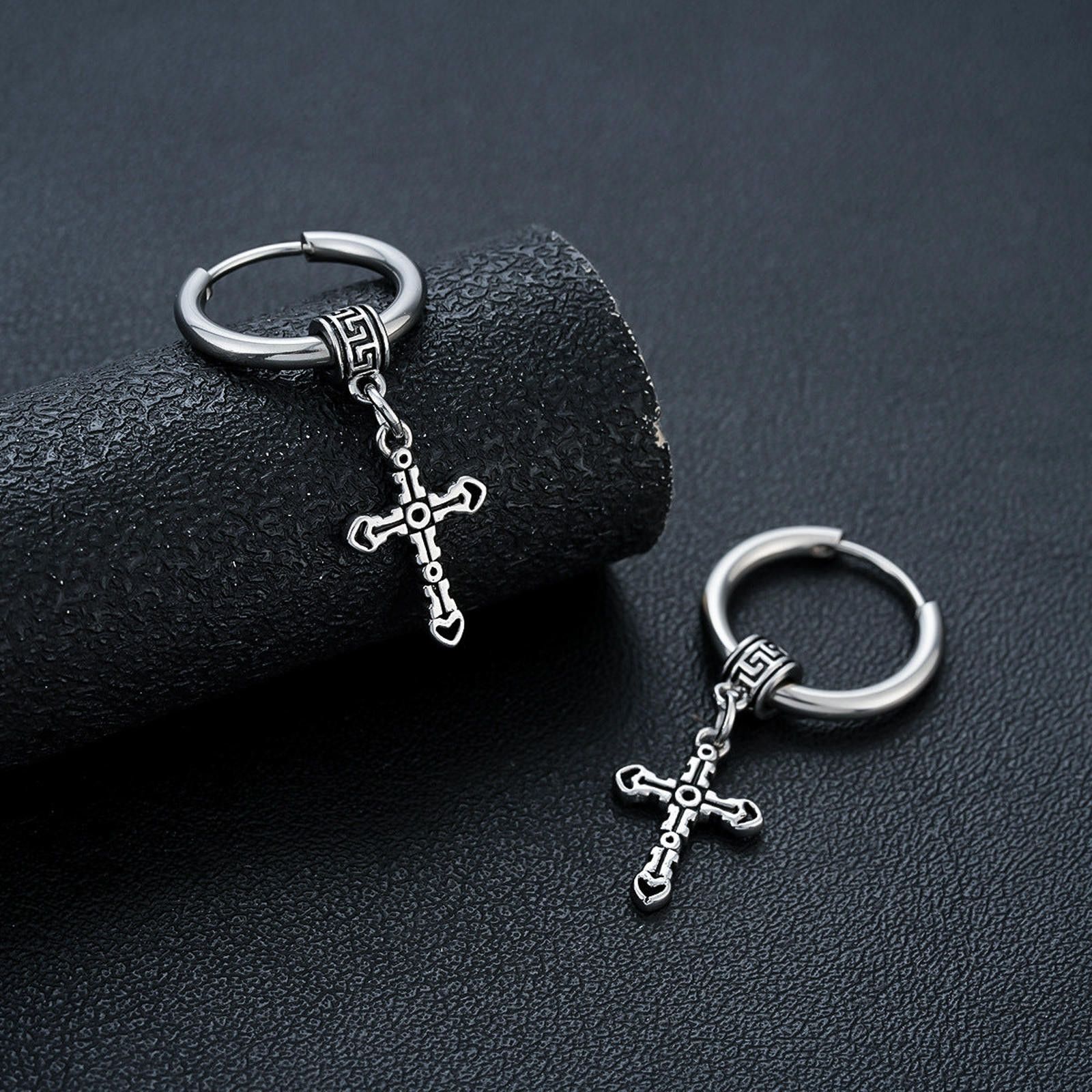 Jewelry Silver Cross Dangle Hoop Earrings, Men's Gothic Jewelry Size ONE SIZE - 3 Thumbnail