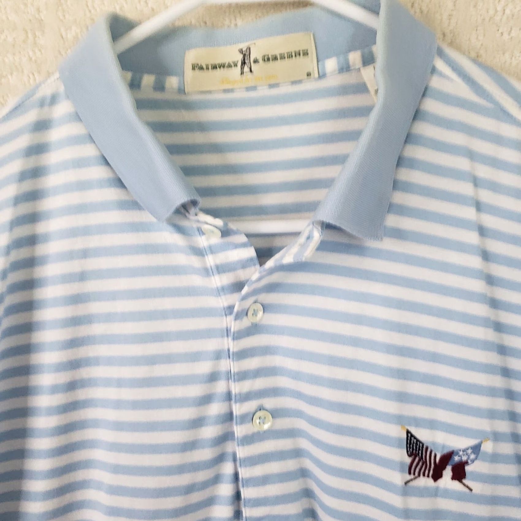 Vintage Fairway & Greene Polo Shirt Blue Striped Short Sleeve Collared Logo Embroidered Flags Chip Golf Shirt Mens L Size US L / EU 52-54 / 3 - 4 Thumbnail