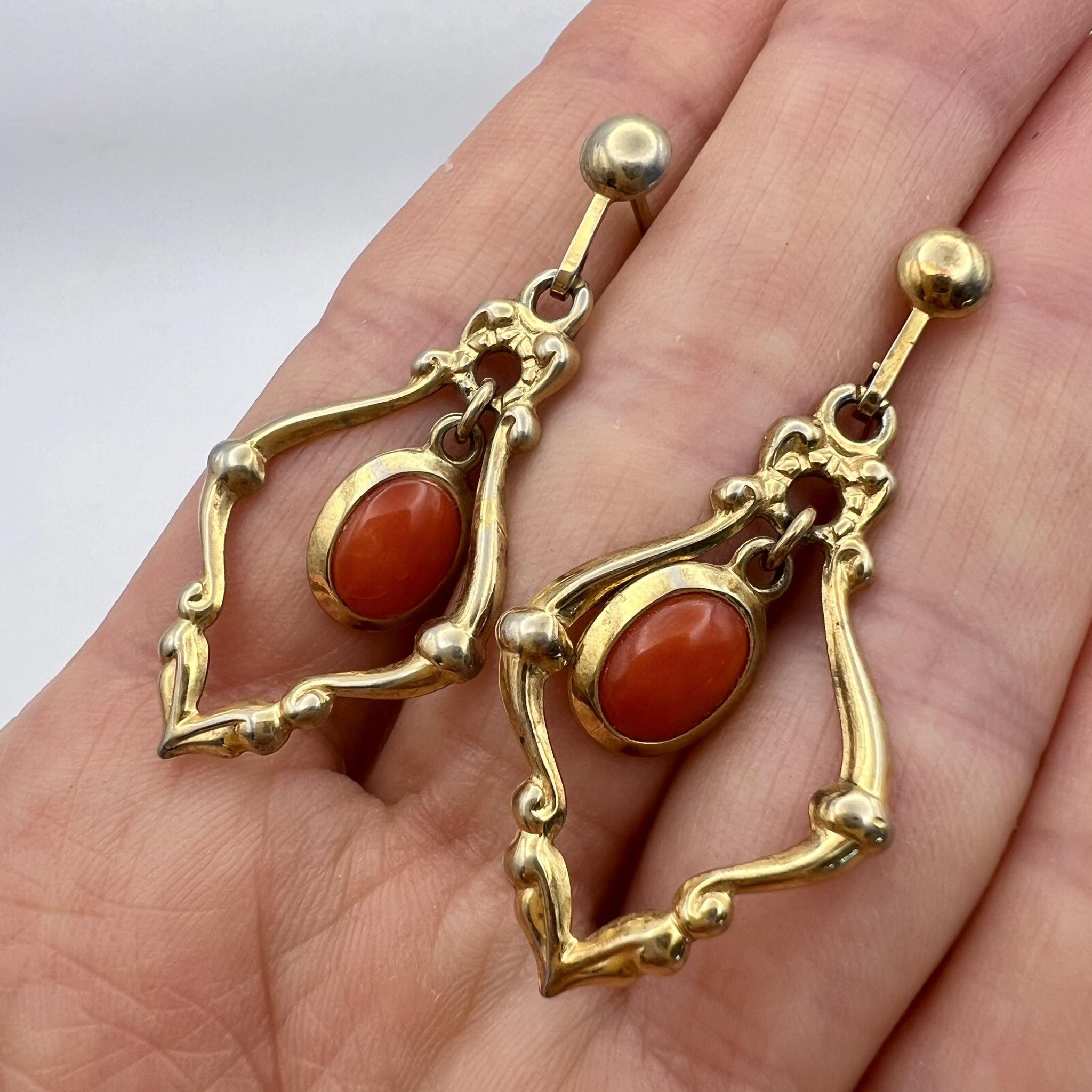 Vintage Gilt Sterling Silver Vintage Earrings Coral Gemstone Signed Size ONE SIZE - 3 Thumbnail