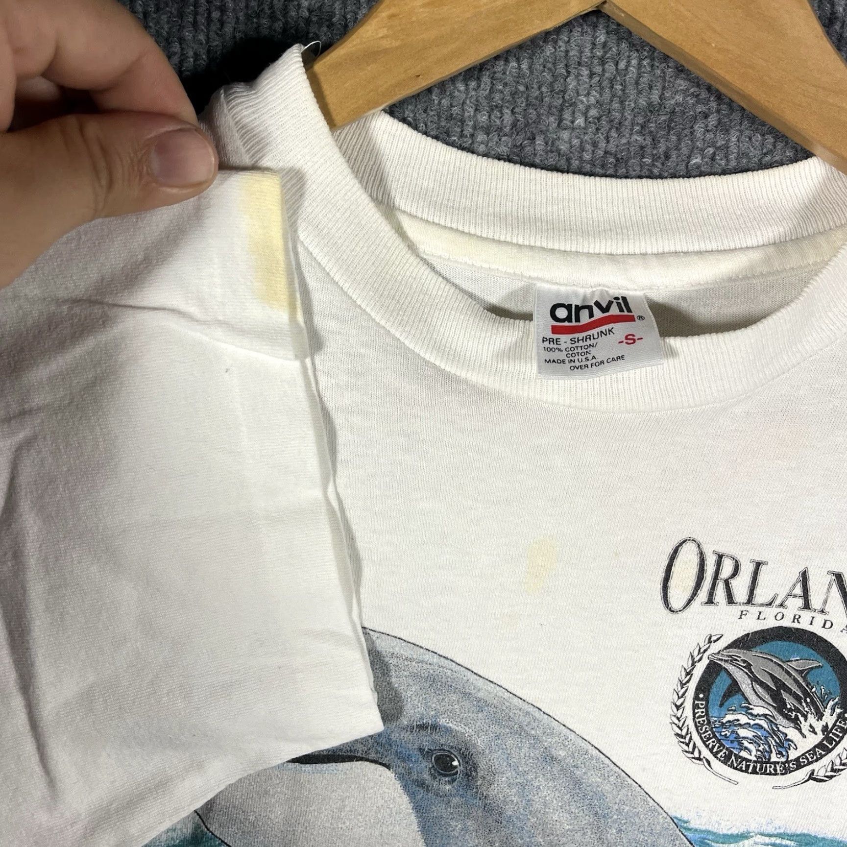 Anvil VINTAGE Orlando Florida Dolphin Souvenir Graphic T-Shirt Small Animal Nature Mens Shirt S White Navy 90s Embroidered Size US S / EU 44-46 / 1 - 7 Thumbnail