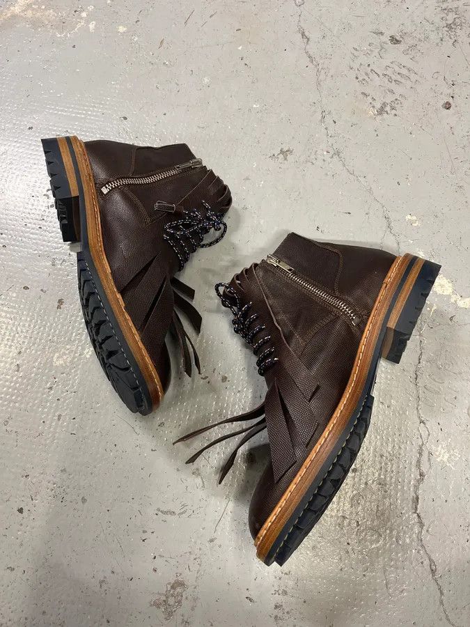 Designer × Kris Van Assche × Vintage 2010s Kris Van Assche Brown Leather Fringe Boots Size US 11 / EU 44 - 2 Thumbnail