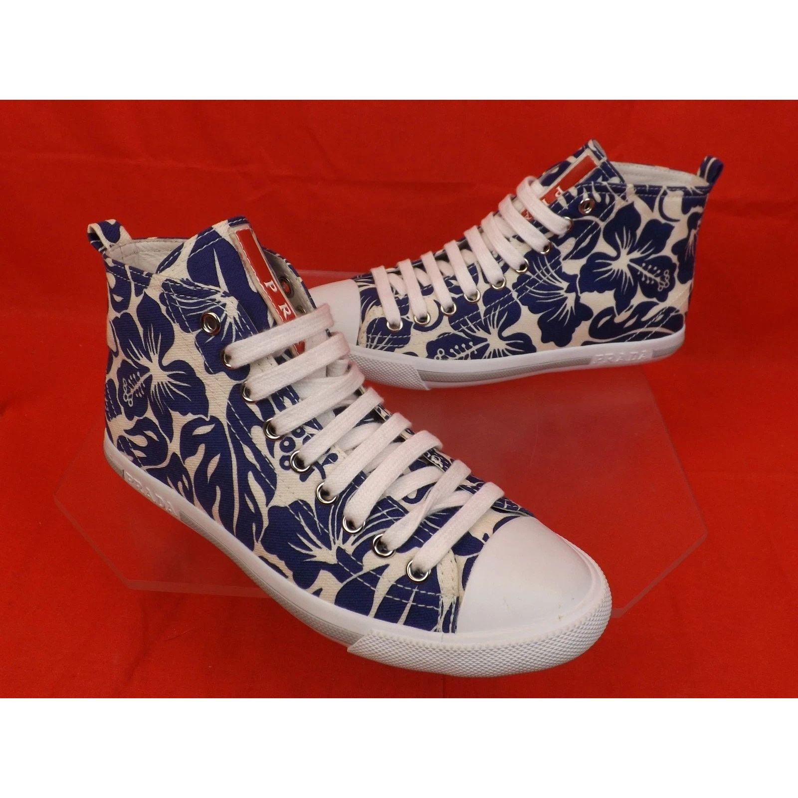 Prada PRADA 3T573 BLUE FLORAL DENIM LEATHER HIGH TOP SNEAKERS 35.5 Size US 5.5 / IT 35.5 - 7 Thumbnail