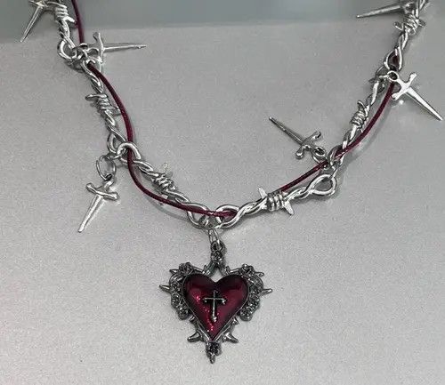 Jewelry Silver Barbed Wire Cross Necklace with Red Heart Pendant Size ONE SIZE - 5 Thumbnail