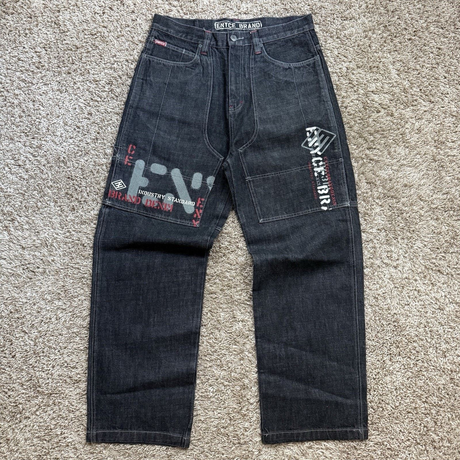 Vintage Y2K Enyce Jeans Black Graphic Denim Baggy Size 32x30